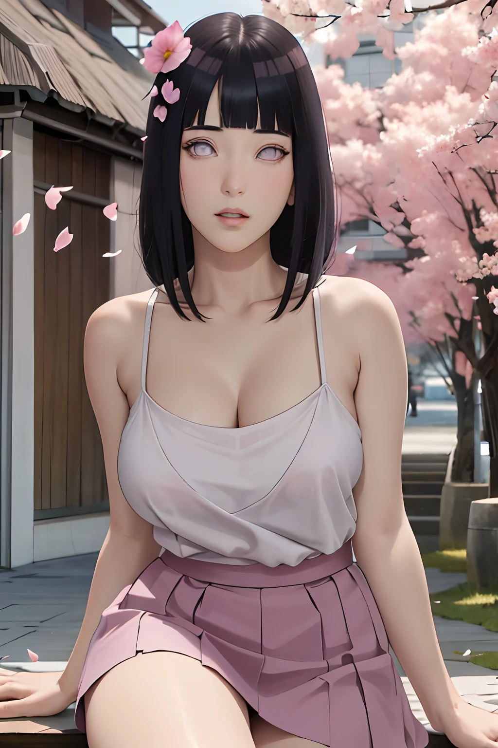 masterpiece, absurdres, hinata hyuga, 1girl, solo,mature female, spaghetti strap top,high waist short skirt, looking at viewer, (falling petals), perfect composition, detailed lips, big breast, beautiful face, body propotion, blush, (pink lips), long hair, purple eyes, soft gaze, super realistic, detailed, photoshoot, realistic face and body, sexual expression, seductive expression,