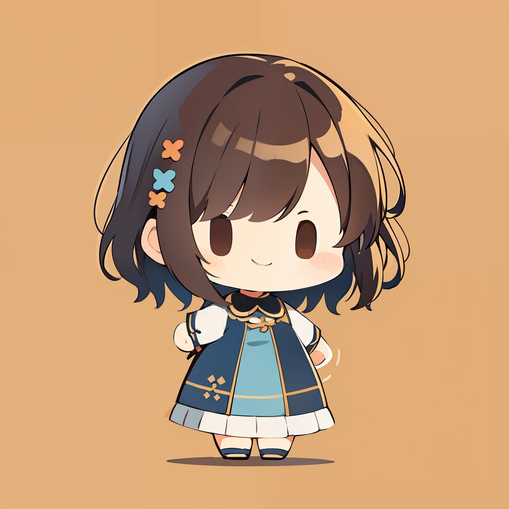 flat avatar, 1girl, solo, smile, hair ornament, brown short hair, brown eyes, simple background, full body, chibi, blue dress