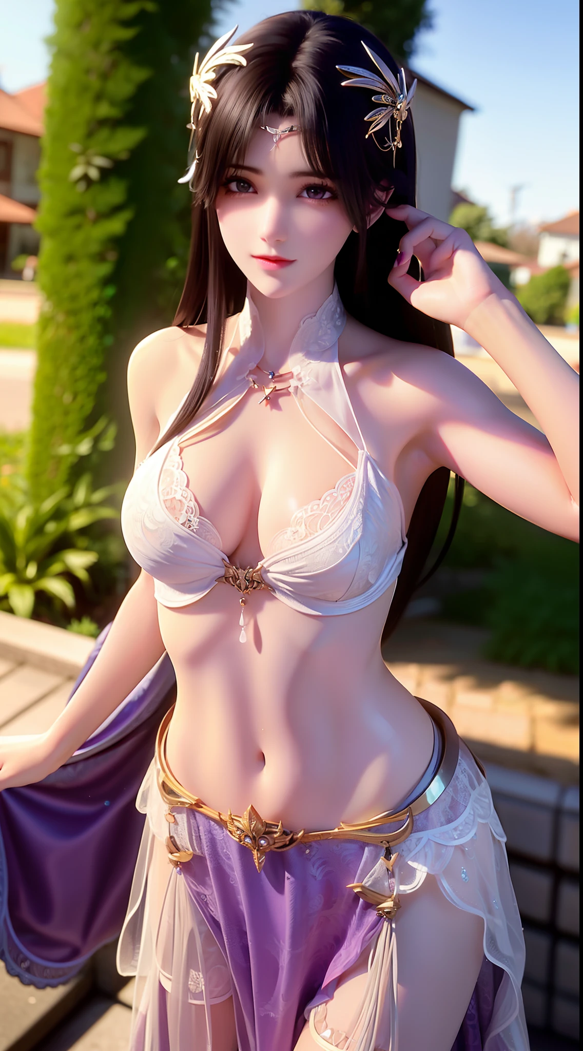 A girl,Wearing a lace bikini,Lace bra,Lace super shorts,C cup,perfect bodies,largeeyes,Purple pupils,Black hair,long whitr hair,hair adornments,Ji hair style,eardrop,Be red in the face,is shy,prette,adolable,facing to audience,full bodyesbian,Above the calves,City sky background,depth of fields,wallpaper hd,The most intricate details,Highest high resolution,best illuminate,best qualtiy