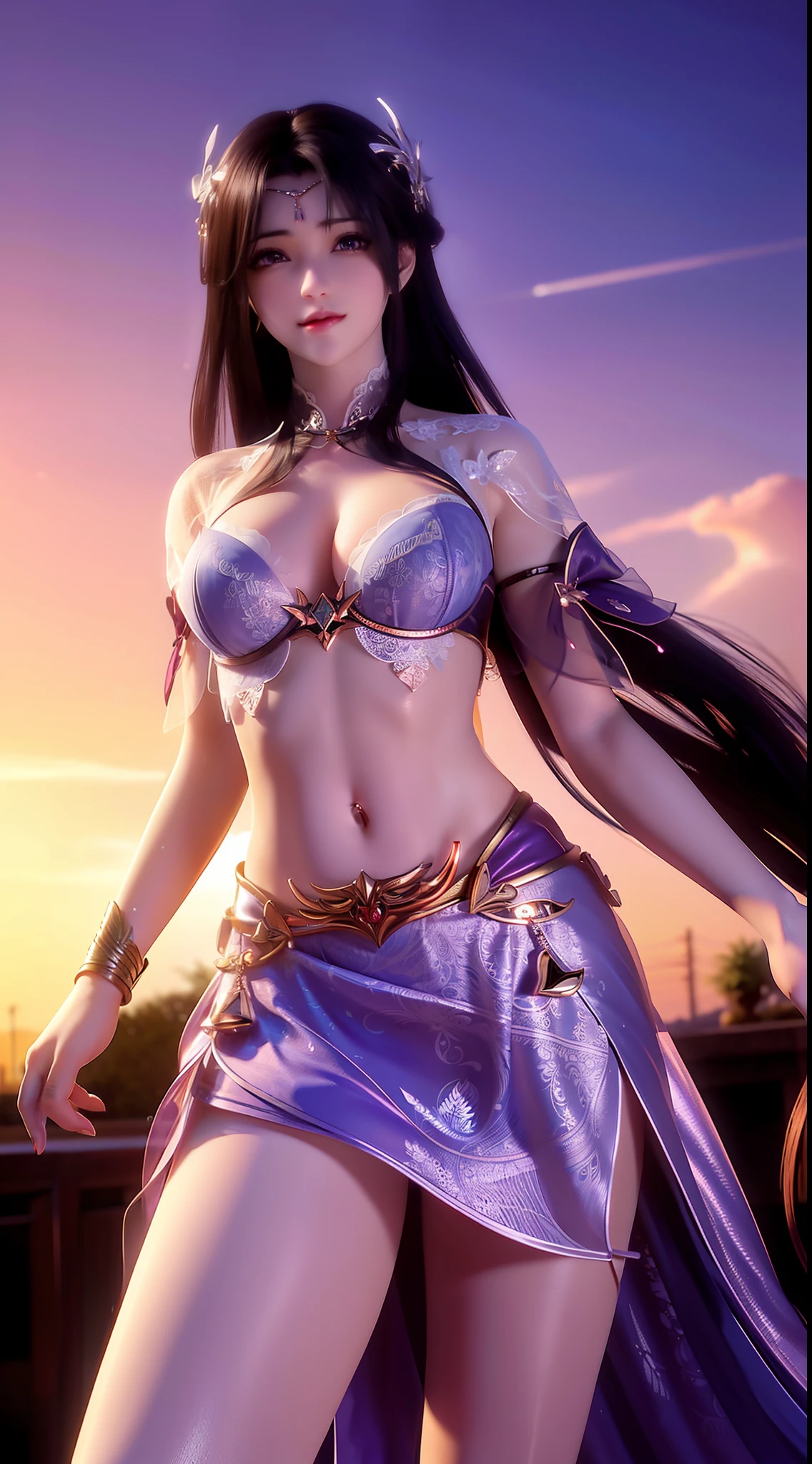 A girl,Wearing a lace bikini,Lace bra,Lace super shorts,C cup,perfect bodies,largeeyes,Purple pupils,Black hair,long whitr hair,hair adornments,Ji hair style,eardrop,Be red in the face,is shy,prette,adolable,facing to audience,full bodyesbian,Above the calves,City sky background,depth of fields,wallpaper hd,The most intricate details,Highest high resolution,best illuminate,best qualtiy