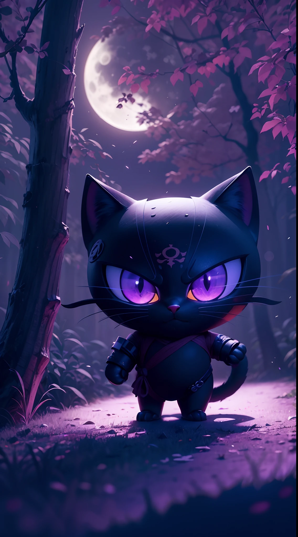 Create a vibrant dark fantasy cute ninja cat in a clean-lined minimalistic cartoon style, in the background a beautiful forest and a bright purple moon, octane render, 8k