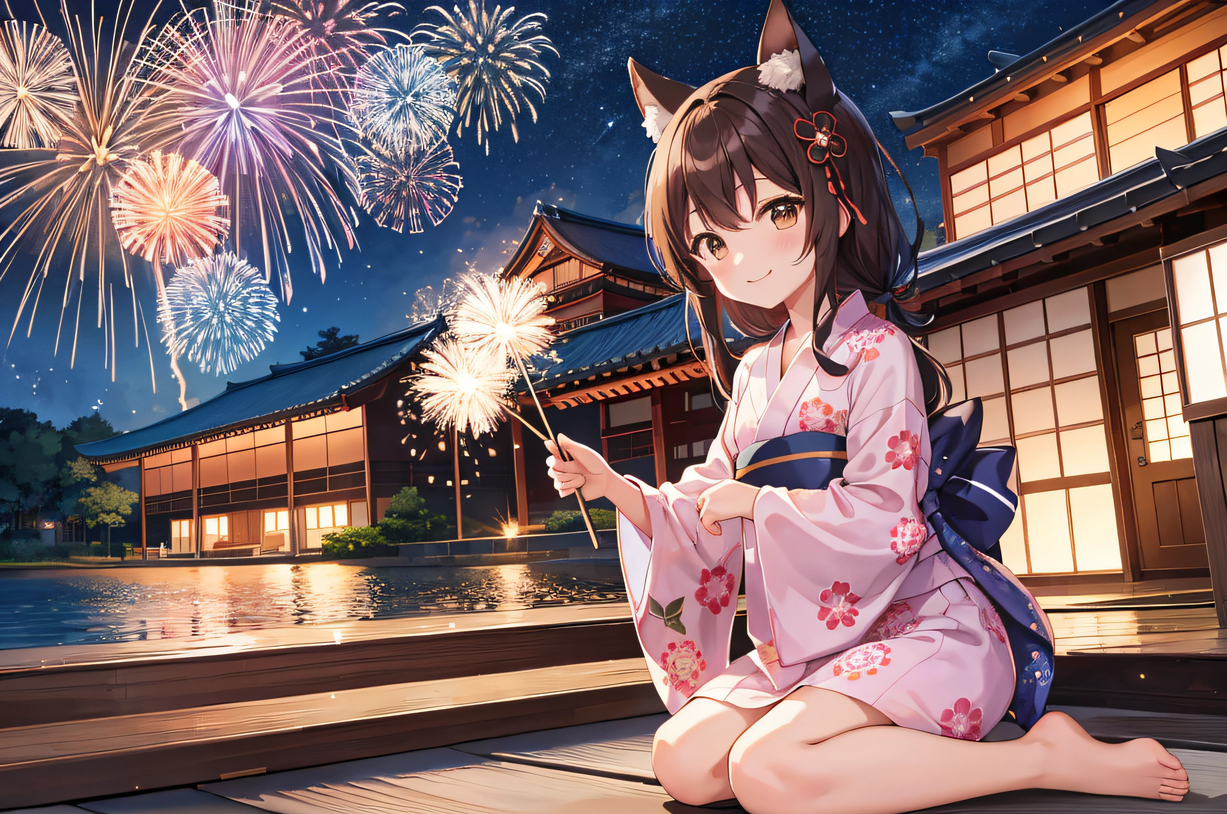 Fireworks all over the night sky、Sky fireworks background、A fantastic night view with bokeh on the ground、outside of house、natta、hi-school girl、cute little、small tits、sideways Facing、a smile、a beauty girl、Brown hair、Bonytail、japanes、夏天、floral Yukata、masterpiece, top-quality, 超A high resolution, ighly detailed,, 电影灯光 ,