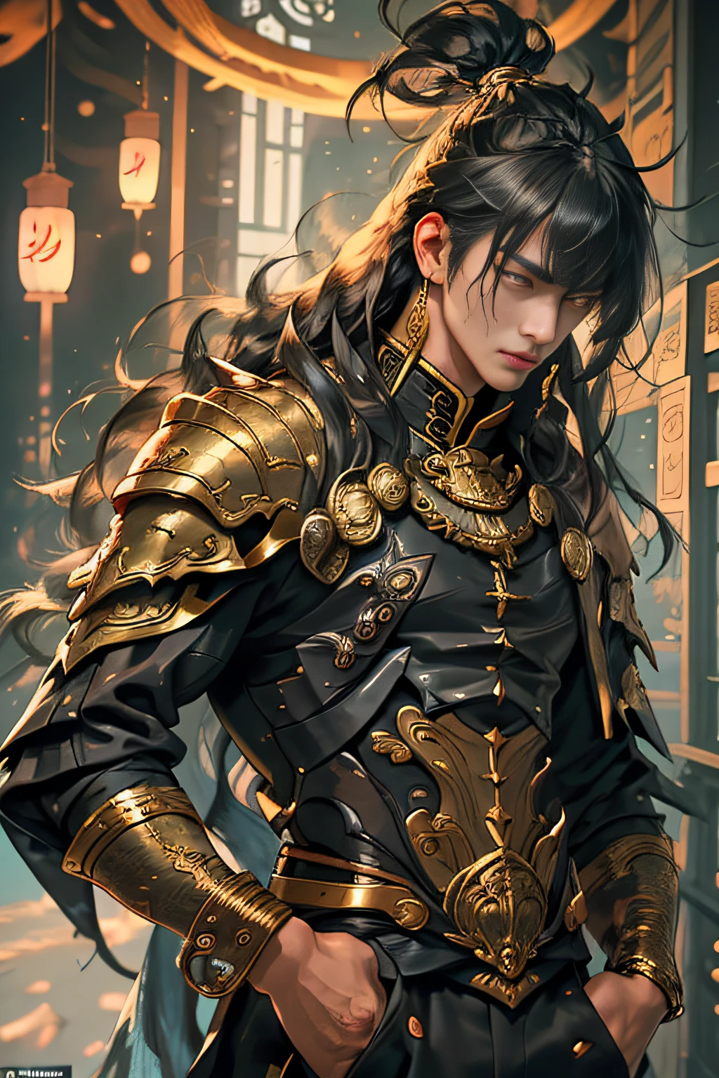 Masterpiece: The best night full moon 1 person mature man Chinese style Chinese ancient black hair, black eyes, split ends, long hair, long bangs, handsome, masculine, serious, gentle, tall, calm, black and gold blend, gold texture, dragon pattern, prince, court