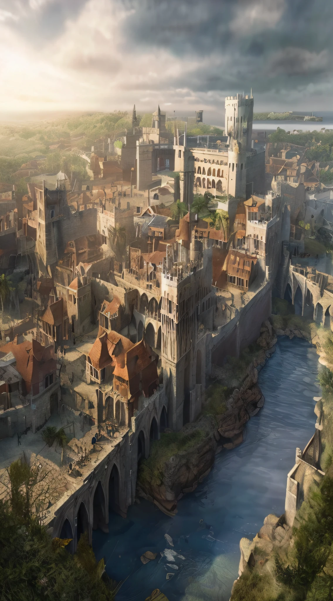 medieval cities, medieval city background, renaissance port city background, medieval town, Medieval realistic game art, Medieval fantasy art, Game scene graph，Aerial view，High angle lens，Primetime light，tmasterpiece，最好质量，Best image quality，