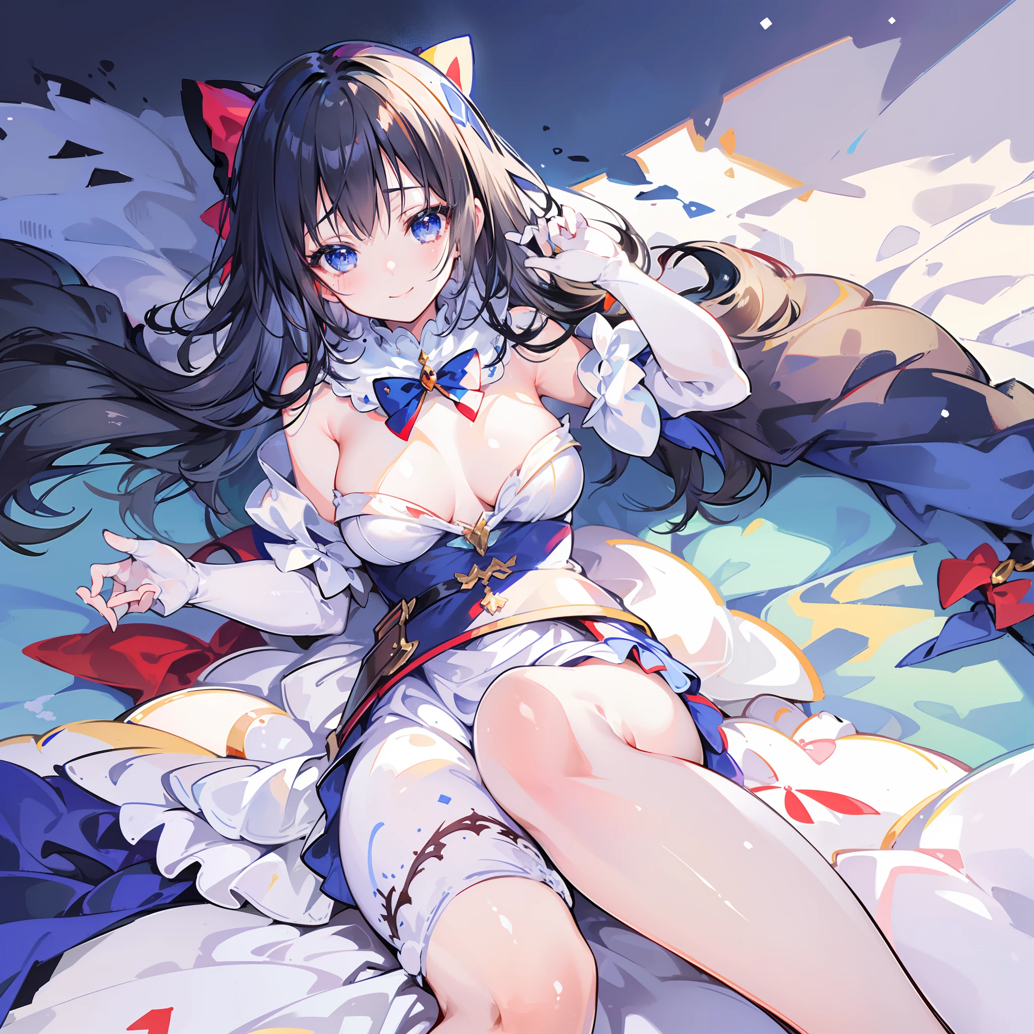 Masterpiece, Super fine illustration, Best quality, Light particles, Ultra-detailed, 8K wallpaper, (Bright colors:1.2), Solo, (A ), Big breasts, (Black hair), (Hair Bow:1.5), (Red bow), Disheveled hair, Long hair, Curly hair, Shiny hair, Shiny skin, beautiful blueish eyes, Shiny eyes, Happy smile, Reddening cheeks, (snow white and the seven dwarfss:1.4), Blue dress, puff sleeves, Yellow skirt, fantasy, village house, apple, Cowboy shot, anime big breast,