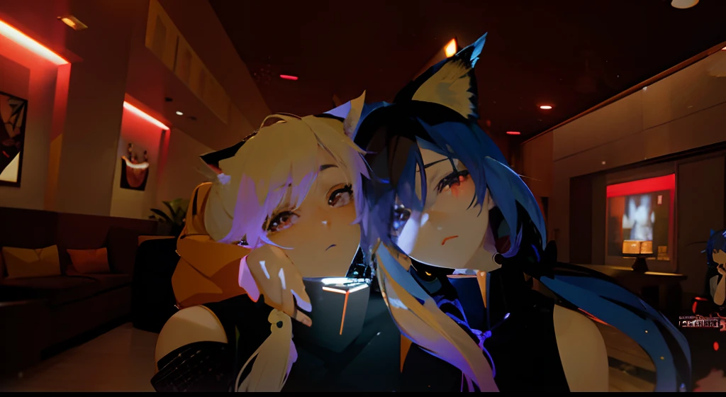 there are two people in costumes sitting on a couch, vrchat, chillin at the club together, sitting in a lounge, 2b, 2 b, two buddies sitting in a room, afternoon hangout, in a living room, anime vibes, hidari and vlop, in cyber punk 2077, relaxing after a hard day, resting after a hard fight