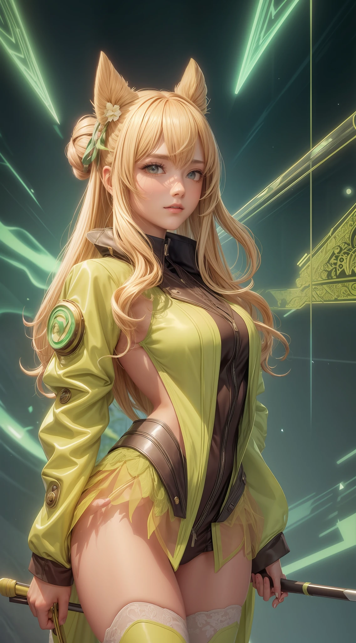 bright lime green futuristic animal ranger girl in coverall kimono suit (((skirt))) (((jacket))) with bow and arrow, animal ears, (robe), tropical, ((lacy)), futurism, cyberpunk, silk, fur, (stockings), natural breasts, slim body, zettai ryouiki, ((((medium length dull blond hair)))), dull blond hair, (beautiful detailed bright golden eyes), portrait, (beautiful and aesthetic:1.2, fractal art:1.4), most realistic, hyper-realistic, RAW, highest quality, best quality, Detailed, Realistic, 4k highly detailed digital art, octane render, bioluminescent, (cool_color), best pixels, 8k ultra, extremely detailed CG unity 8k wallpaper, cinematic lighting