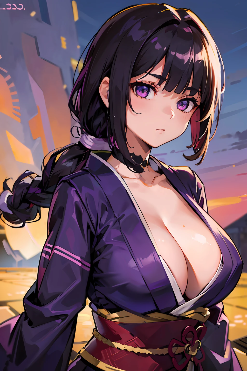 8k, 16k, HDR, high details, high quality, highres, high shadow quality, masterpiece, UHD,
a mature woman,
dark purple hair, blunt bangs, (absurdly long braided ponytail and low tied braided ponytail:1.331 and single braided ponytail:1.331:1.21),
light purple eyes, a small mole under right eye,
textured skin, huge breasts, slender waist, perfect body,
anime, thick lines, light purple sexy kimono,