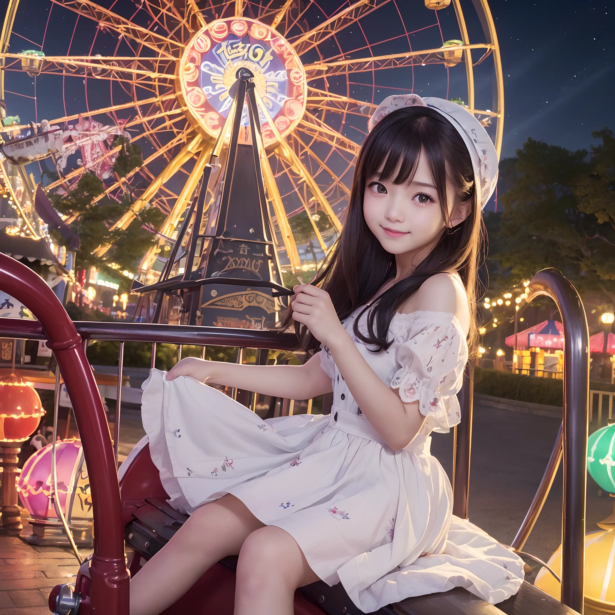 (8K、top-quality、超A high resolution、masterpiece:1.2)、(Photorealsitic:1.4)、(detailed skins:1.3)、(bokeh dof)、女の子1人、(ulzzang-6500:1.0)、(style-keta: 0.8)、Portrait of cute ite teeautiful Japan girl at 15 years old、Teen、(Detamile、(Night amusement park、Lit up、illuminations)、stas、Happiness、Lots of balloons、the Ferris wheel、merry-go-round、rollercoaster、Elaborate CG 8K wallpapers、dynamic ungle、beautiful lighting、profetional lighting、(foco nítido)
