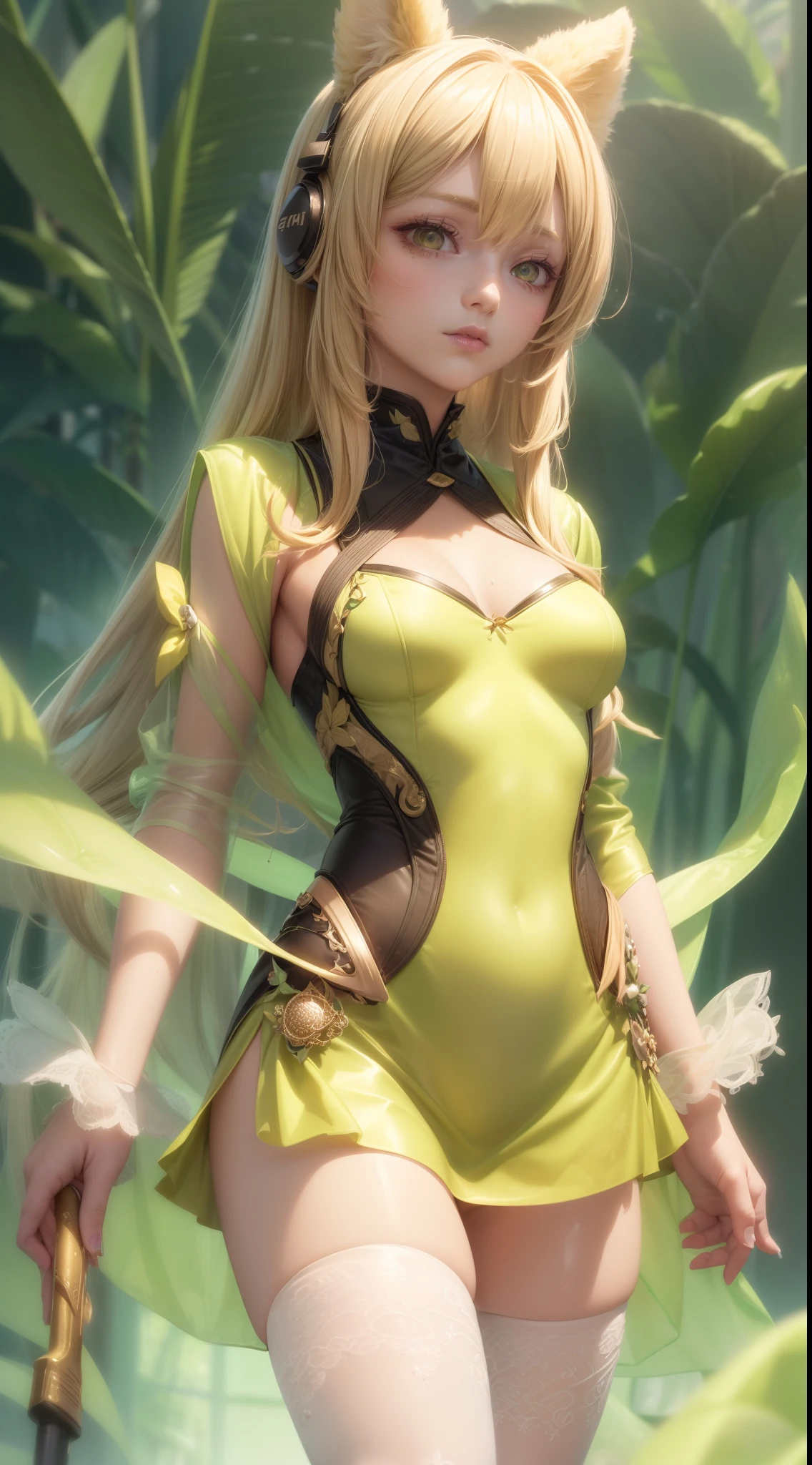 bright lime green futuristic animal ranger girl in coverall kimono suit (((skirt))) (((jacket))) with bow and arrow, animal ears, (robe), tropical, ((lacy)), futurism, cyberpunk, silk, fur, (stockings), natural breasts, slim body, zettai ryouiki, ((((medium length dull blond hair)))), dull blond hair, (beautiful detailed bright golden eyes), portrait, (beautiful and aesthetic:1.2, fractal art:1.4), most realistic, hyper-realistic, RAW, highest quality, best quality, Detailed, Realistic, 4k highly detailed digital art, octane render, bioluminescent, (cool_color), best pixels, 8k ultra, extremely detailed CG unity 8k wallpaper, cinematic lighting