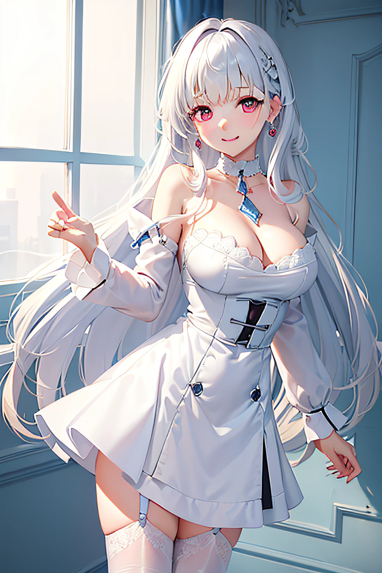 tmasterpiece,k hd,good quality, 1girll, Extremely detailed,Bedrooms,Blue view background,Ambient,Light red blouse, Extremely delicate big eyes, Honkai,klara with huge breasts,Lori huge breasts cleavage,(little breast , Silvery-white hair。choker necklace,Earrings, Drill hair, ,White stockings with lace,Small leather shoes,angle of view,Pay attention to arm details, Finger details, Shy, Smiling, Blushing, Perfect hands, Depth of field