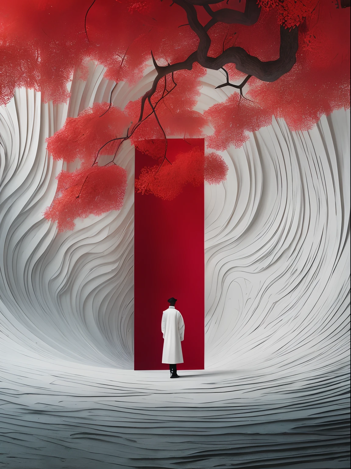 Image of a man standing in front of the red door of Alavid, author：Kay Sage, chinese surrealism, surreal design, hyper-realistic illustration, hyperrealistic compositions, layered paper art, in a surreal dream landscape, surreal 3 d render, Inspired by Kay Sage, in a red dream world, inspired by Fei Danxu, dreamlike surrealism, surreal scene, author：Yu Zheding