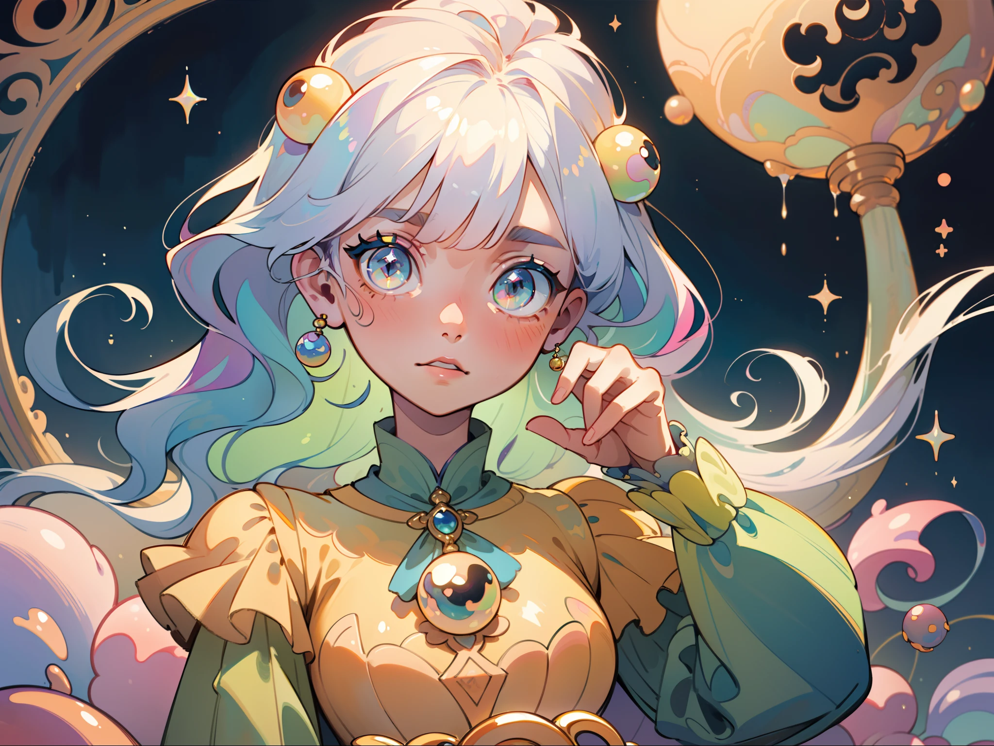 masterpiece, best quality, 8k resolution, sharp focus, intricate detail, beautiful girl, sparkling eyes, golden ratio face, otherworldly liquid, watercolor, pastel colors, bright colors, whimsical, colorful, sharp focus, high resolution, fine detail, ((layered tiered puffy long sleeves ballgown)), ((round eyes)), iridescent bubbles, fantasia background