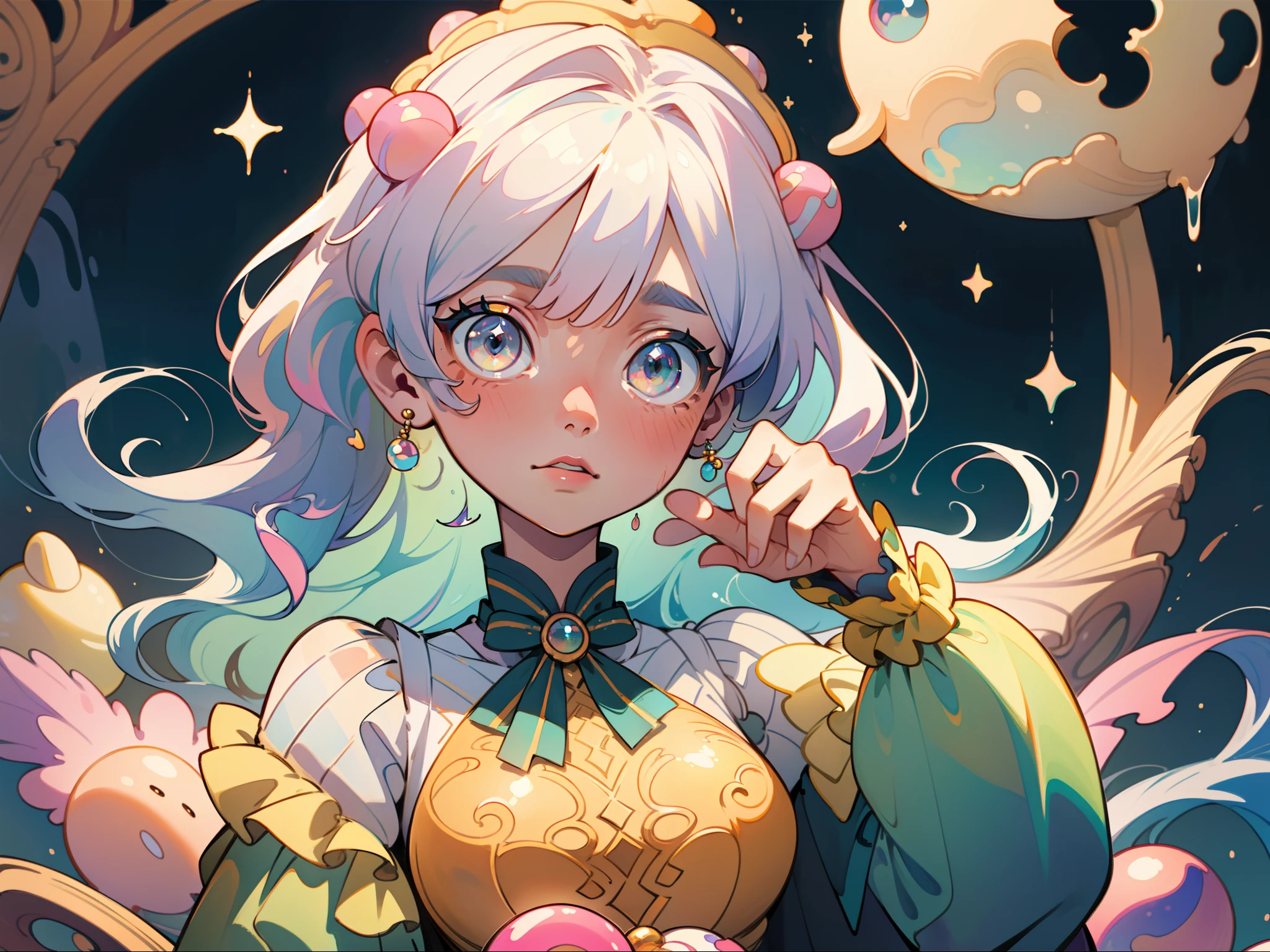 masterpiece, best quality, 8k resolution, sharp focus, intricate detail, beautiful girl, sparkling eyes, golden ratio face, otherworldly liquid, watercolor, pastel colors, bright colors, whimsical, colorful, sharp focus, high resolution, fine detail, ((layered tiered puffy long sleeves ballgown)), ((round eyes)), iridescent bubbles, fantasia background