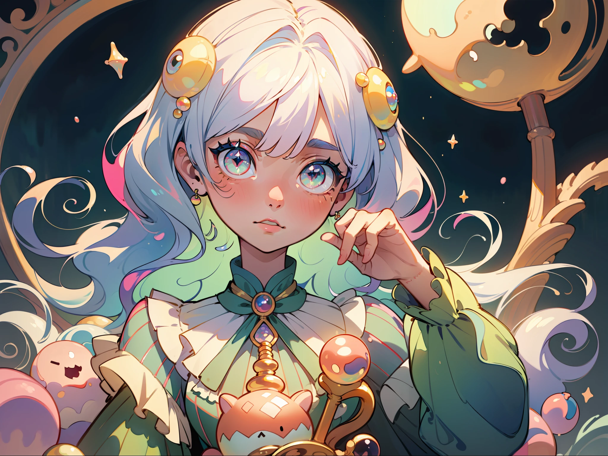 masterpiece, best quality, 8k resolution, sharp focus, intricate detail, beautiful girl, sparkling eyes, golden ratio face, otherworldly liquid, watercolor, pastel colors, bright colors, whimsical, colorful, sharp focus, high resolution, fine detail, ((layered tiered puffy long sleeves ballgown)), ((round eyes)), iridescent bubbles, fantasia background