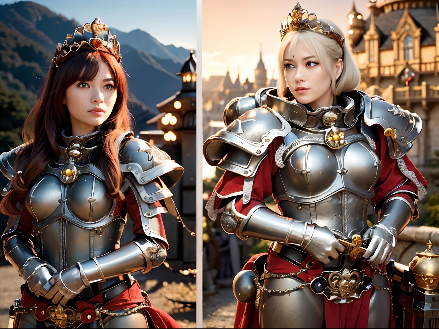 (masutepiece), Professional , ​masterpiece、top-quality、photos realistic , depth of fields （Gemstone Silver Metal Body:1.９),(Matte White、Jewel Gold Weapon、（Gorgeous castle background）、（Realistic giant black dragon）、（Jewel Metal Body:1.４),Gorgeous Jewel Metal Weapons , Detailed Sword of the Brave ,（ Soldier background in metal armor）   ,warhammer 40k , adepta sororitas,Detail and ornate jewel crown、独奏、Brown hair、（Gangle's forest background）、Beautiful Caucasian beauty、１a person、dynamic ungle,(((Diamond tiara with detail and luxury)))、a small face、A smile、Powerful poses、（Gorgeous castle background）、huge filesize、20 year old beautiful woman、Stand in the center of the screen、Thin female fingers、Straight long hair、Beautiful Caucasian beauty、