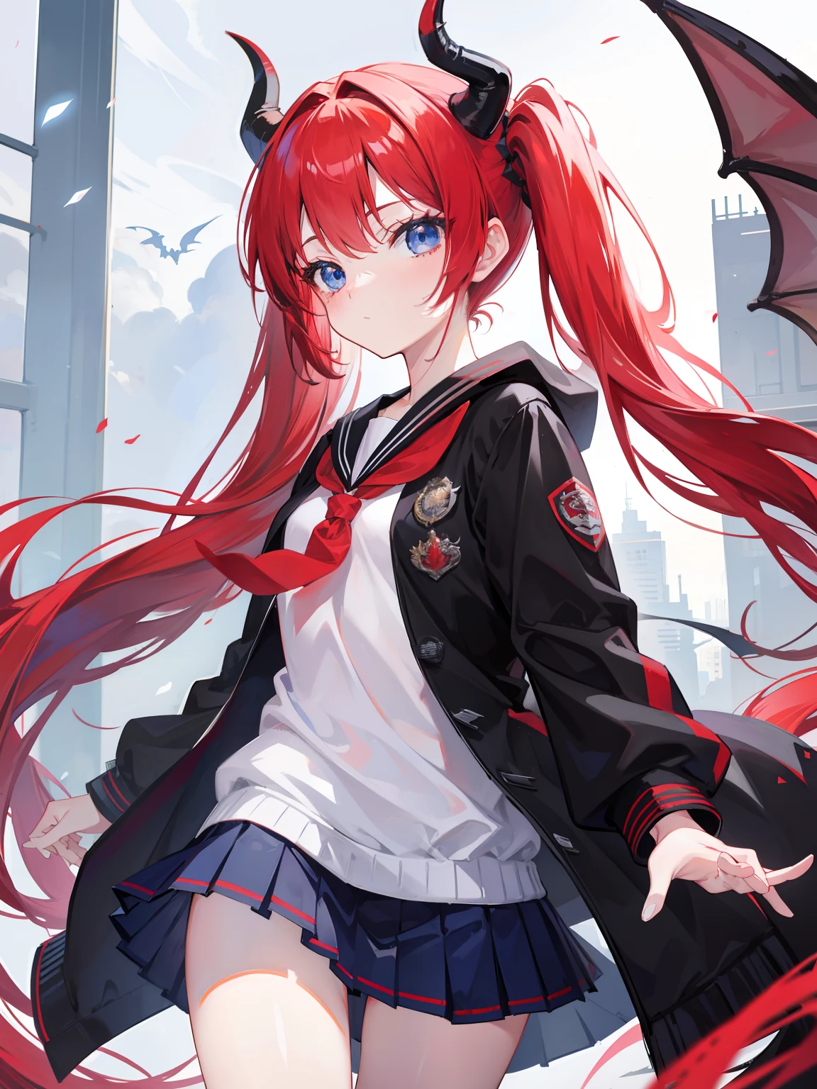 red hair, blue eyes, twintails, Sailor suit,black coat, Dragon horns,Pleated skirt,solo,loli,cute,bow