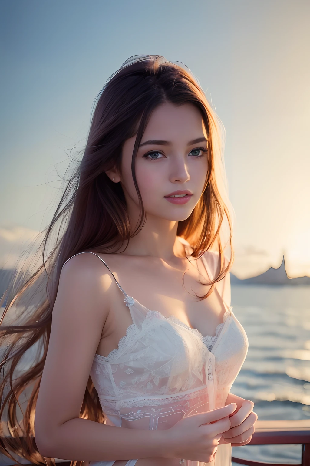 (8k, Best Quality, Masterpiece: 1.2), (Realistic, Realistic:1.37), Ultra Detailed, 1 Girl, Cute, Solo, Beautiful Detailed Sky, Dating, (Nose Red), (Smile: 1.15), (Shut Up) Small Breasts, Beautiful Delicate Eyes, (Long Hair: 1.2), Flowing Hair NovaFrogStyle, Upper body, Vest