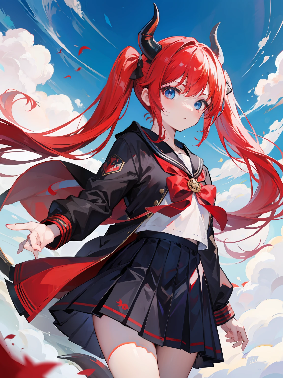 red hair, blue eyes, twintails, Sailor suit,black coat, Dragon horns,Pleated skirt,solo,li,cute,bow