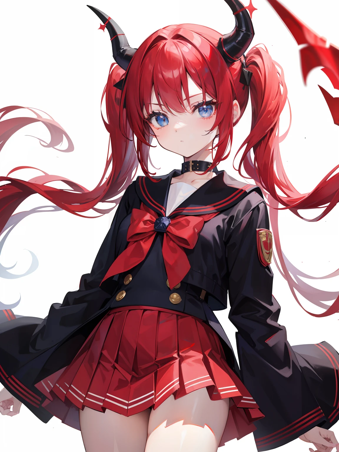 red hair, blue eyes, twintails, Sailor suit,black coat, Dragon horns,Pleated skirt,solo,li,cute,bow