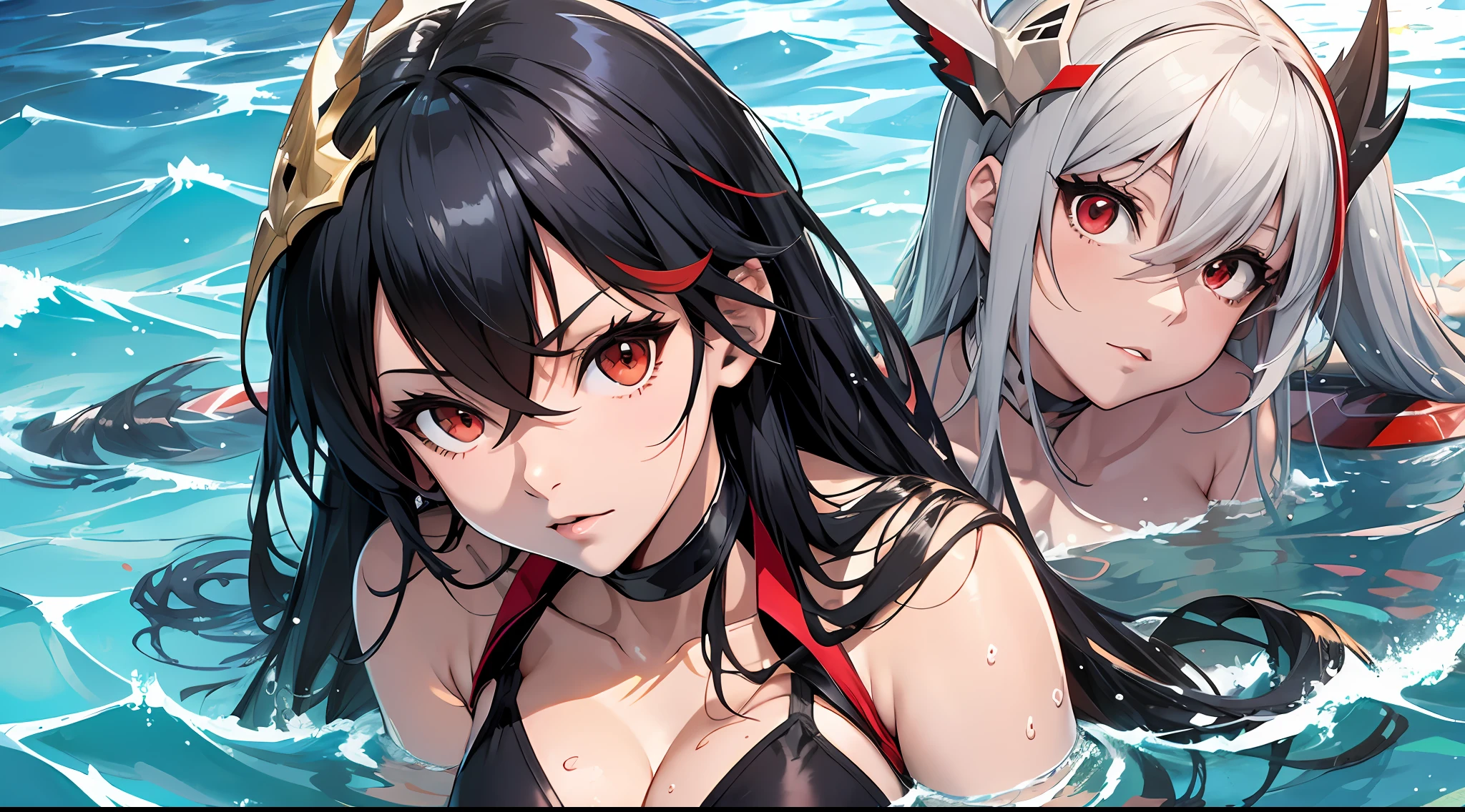 Anime girl wearing bikini in water, Kantai collection style, clean and meticulous anime art, attractive matoi ryuko, ryuko matoi, Kill Pull Kill illustration, Makoto Shinkai and Artgerm, ecchi anime style, azur lane style, swim wears,, Anime style artwork