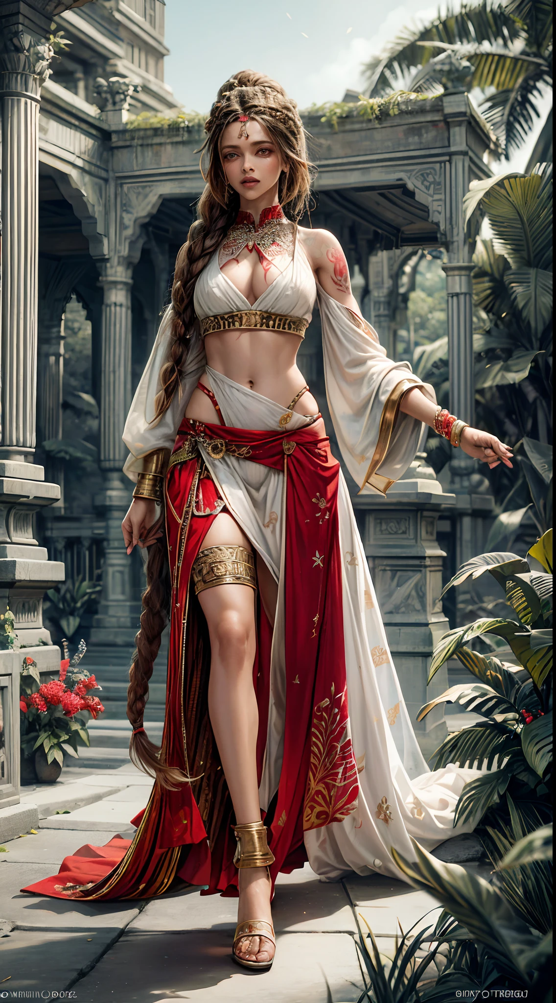 ankymoore, Bottom-up view, 1rapper with dread hair with tattoos, white and red sexy clothes(cameltoe), graffitti background, (masterpiece), (best quality:1.2), absurdres, intricate details, flowers, leaves, roots, deepika, (very long hairs, twin braided)