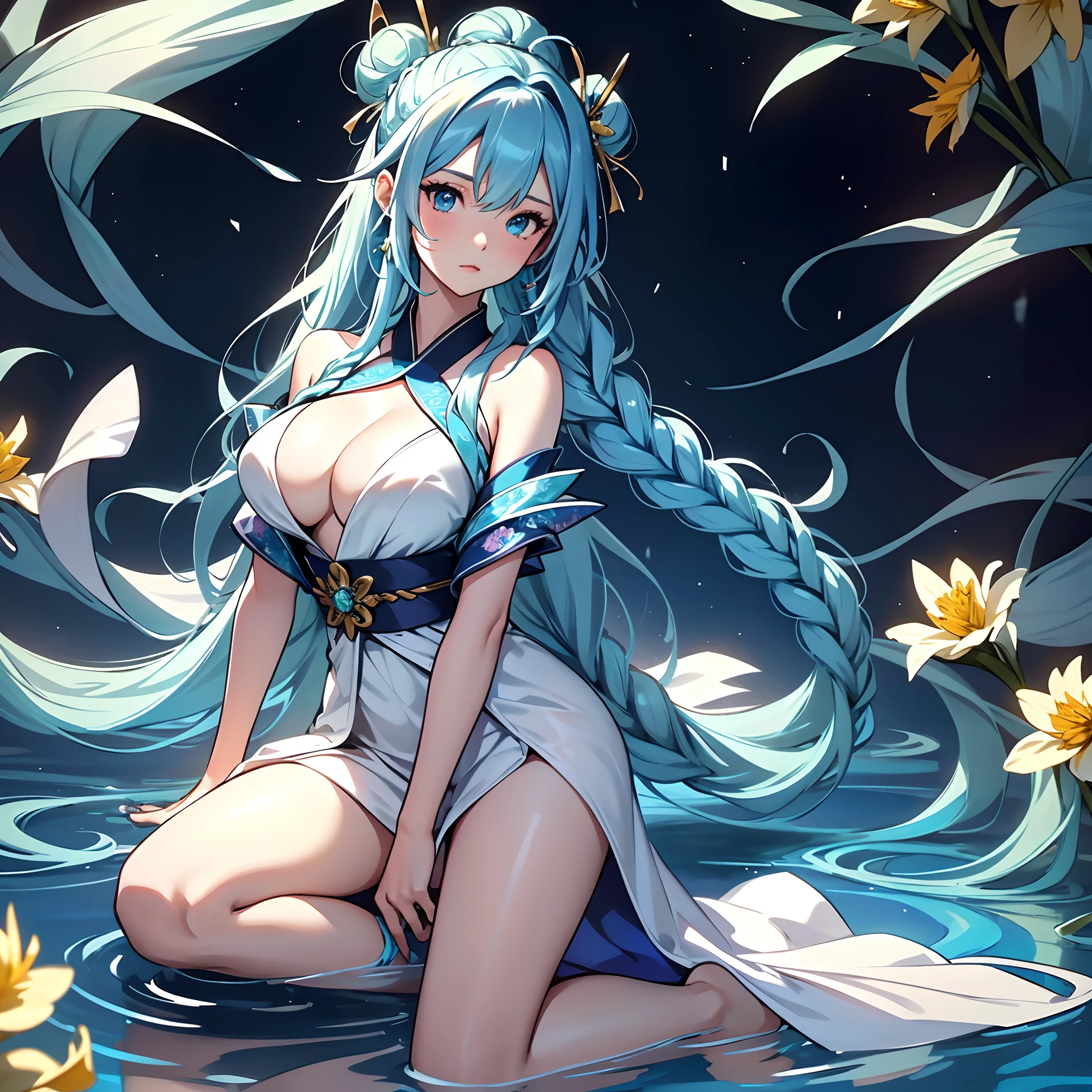 best qualityer,tmasterpiece,Ultimate resolution,downy,Extremely colorful,Colorful,water background,(Lake surface),Dancer,White kimono long dress,huge tit,hair-bun,Fine braids,(Long aqua blue hair),Blue lip gloss,a matural female,(The barefoot),Kneeling pose,daffodil,Normal posture