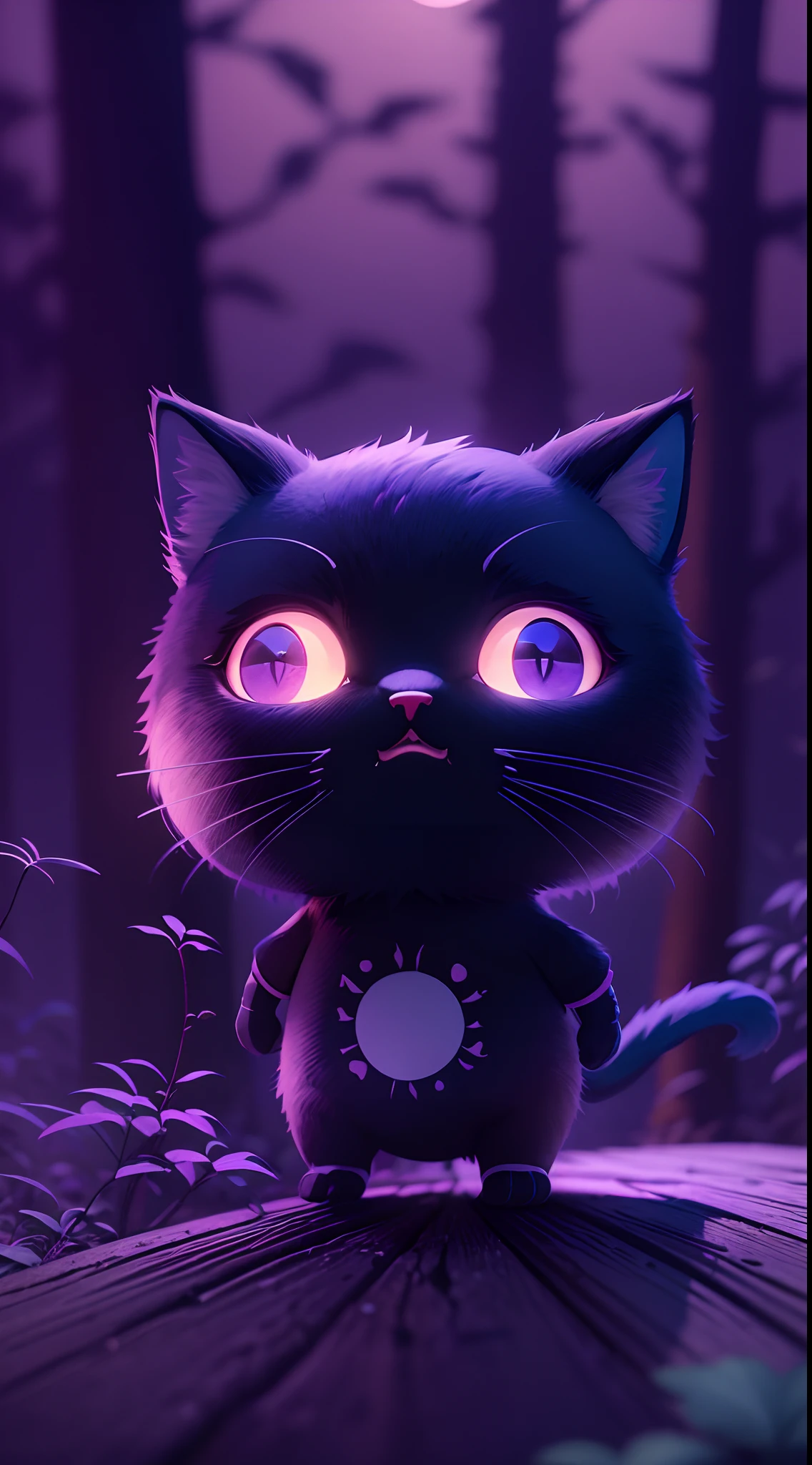 Create a vibrant dark fantasy cute ninja cat in a clean-lined minimalistic cartoon style, in the background a beautiful forest and a bright purple moon, octane render, 8k