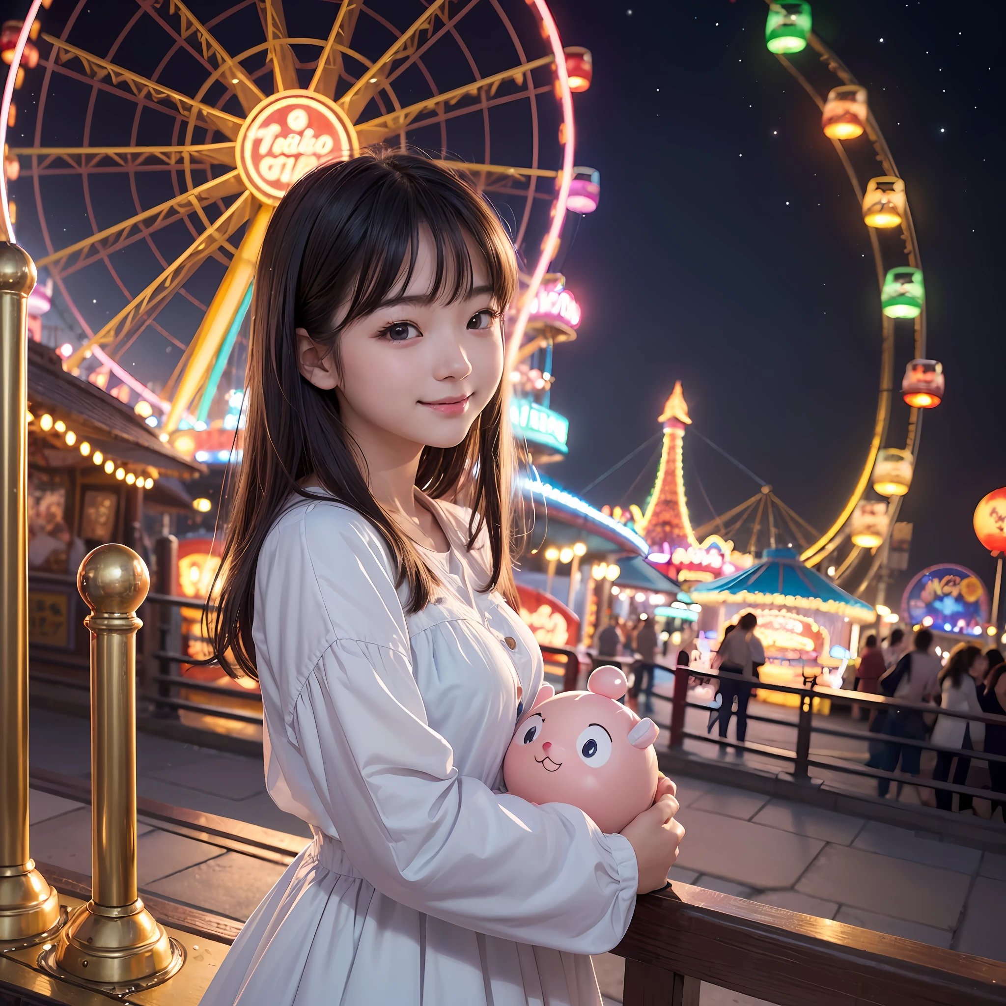 (8K、top-quality、超A high resolution、​masterpiece:1.2)、(Photorealsitic:1.4)、(detailed skins:1.3)、(bokeh dof)、女の子1人、(ulzzang-6500:1.0)、(style-keta: 0.8)、Portrait of cute petite teen at 15 years old、Beautiful Japan girl at 15 years old、Teen、(Detail Eye) 、A smile、(Night amusement park、Lit up、illuminations)、stas、Happiness、Lots of balloons、the Ferris wheel、merry-go-round、rollercoaster、Elaborate CG 8K wallpapers、dynamic ungle、beautiful  lighting、profetional lighting、(foco nítido)