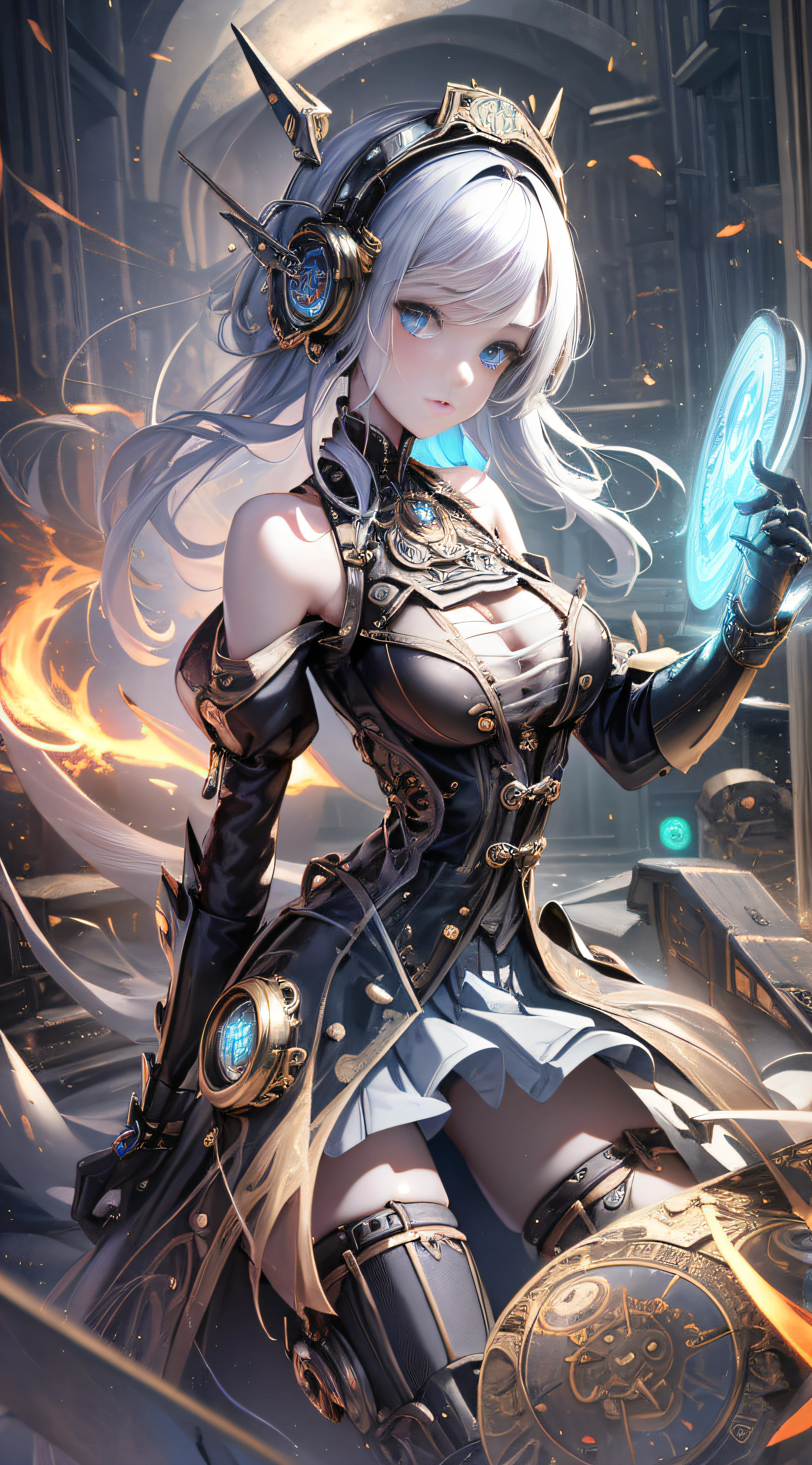 ((Best Quality)), ((Masterpiece)), (Details:1.4), 3D, Android Mage Girl, Mechanical Body, Off-the-shoulder fashion that fuses detailed and complex steampunk with detailed gothic Lolita, Has a very large mechanical weapon, Countless glowing large spheres spinning around, Lots of sparks crossing and splashing, Poses that invoke magic , Dynamic action poses, spinning and flying celestial bodies, countless neon lights pouring down from the heavens, very slender long legs, over-the-knee mechanical boots, intricate steampunk headgear, fluttering lace flared miniskirts, off-shoulder fashion with detailed and intricate steampunk and detailed gothic lolita and intricate mechanical fusion, upturned and beautiful small breasts, Clean long silver hair, long vertical curly, wind driven, futuristic and complex steampunk factory background, cinematic lighting, HDR (High Dynamic Range), ray tracing, NVIDIA RTX, super resolution, Unreal 5, subsurface scattering, PBR texturing, post-processing, anisotropic filtering, depth of field, maximum clarity and sharpness , multi-layer textures, albedo and specular maps, surface shading, accurate simulation light material interaction, perfect proportions, octane rendering, two-tone lighting, wide aperture, low ISO, white balance, rule of thirds, 8K RAW,