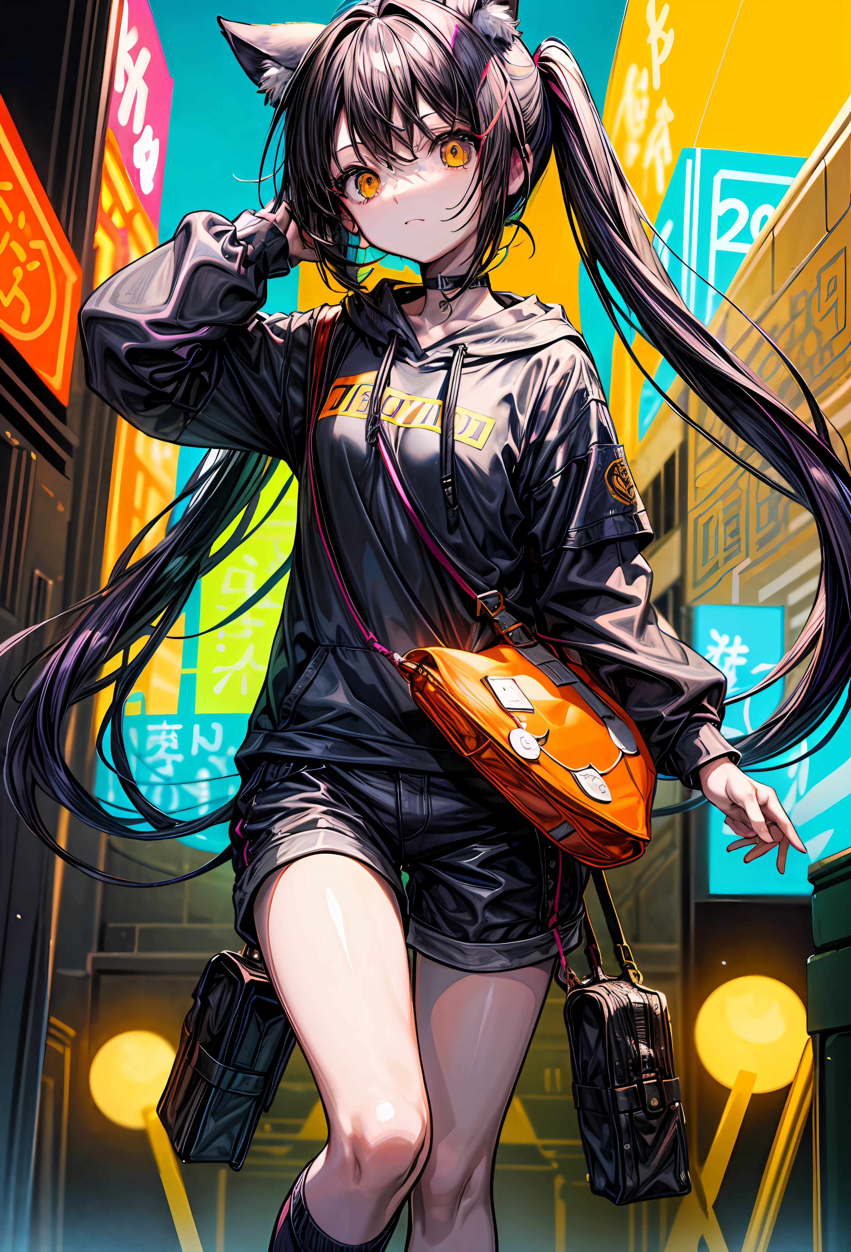 masterpiece、Flat background、without background、full body Esbian、is standing、女の子1人、独奏、cute little、Oversized Orange Hoodie、tshirts、7-minute length pants、50mm portrait、Delicate facial features、semi - realistic、foco nítido、The ultra-detailliert、absurderes、depth of fields、neons