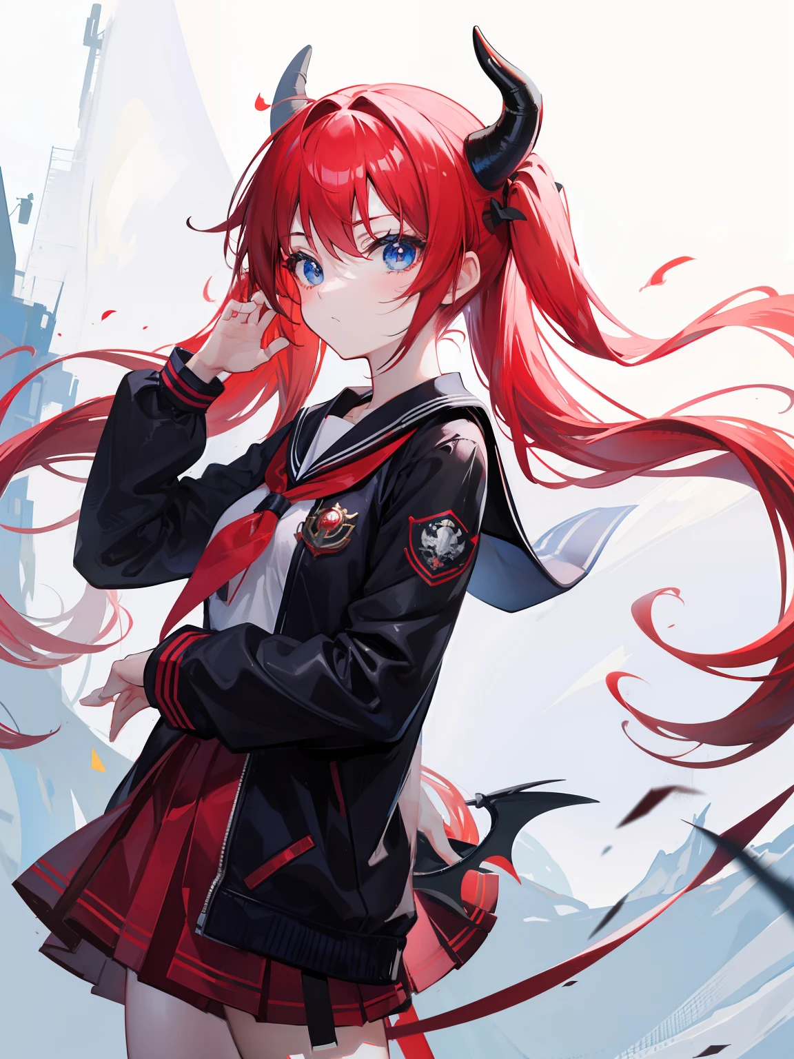 red hair, blue eyes, twintails, Sailor suit,black coat, Dragon horns,Pleated skirt,solo,loli,cute,bow