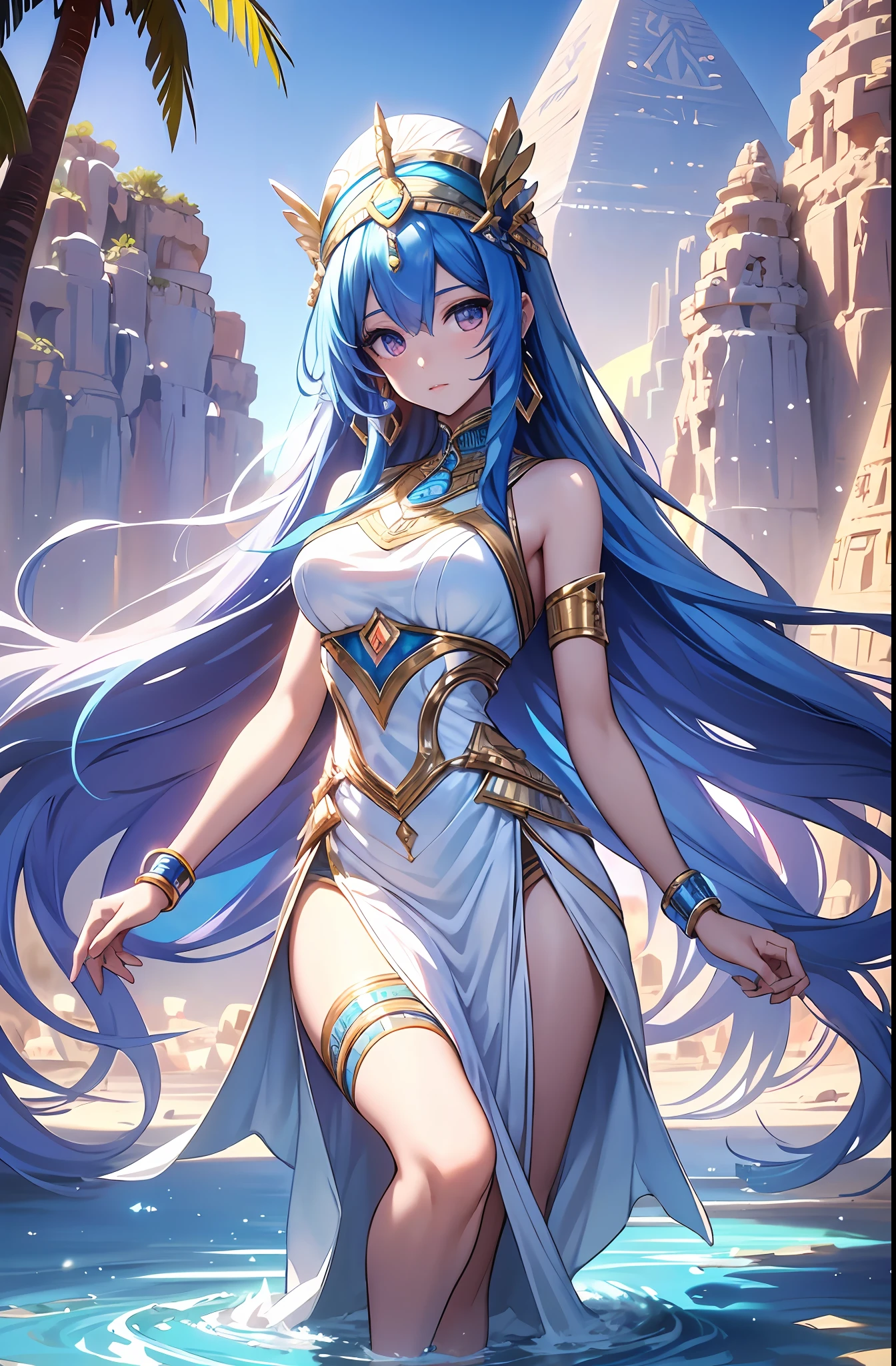 best qualityer,tmasterpiece,Ultimate resolution,downy,Extremely colorful,Colorful,Oasis background,Ancient Egyptian woman,Long azure hair,a matural female,Long white dress in Egyptian style,a white long skirt,Treading water,Desert oasis,Nile River,Normal posture