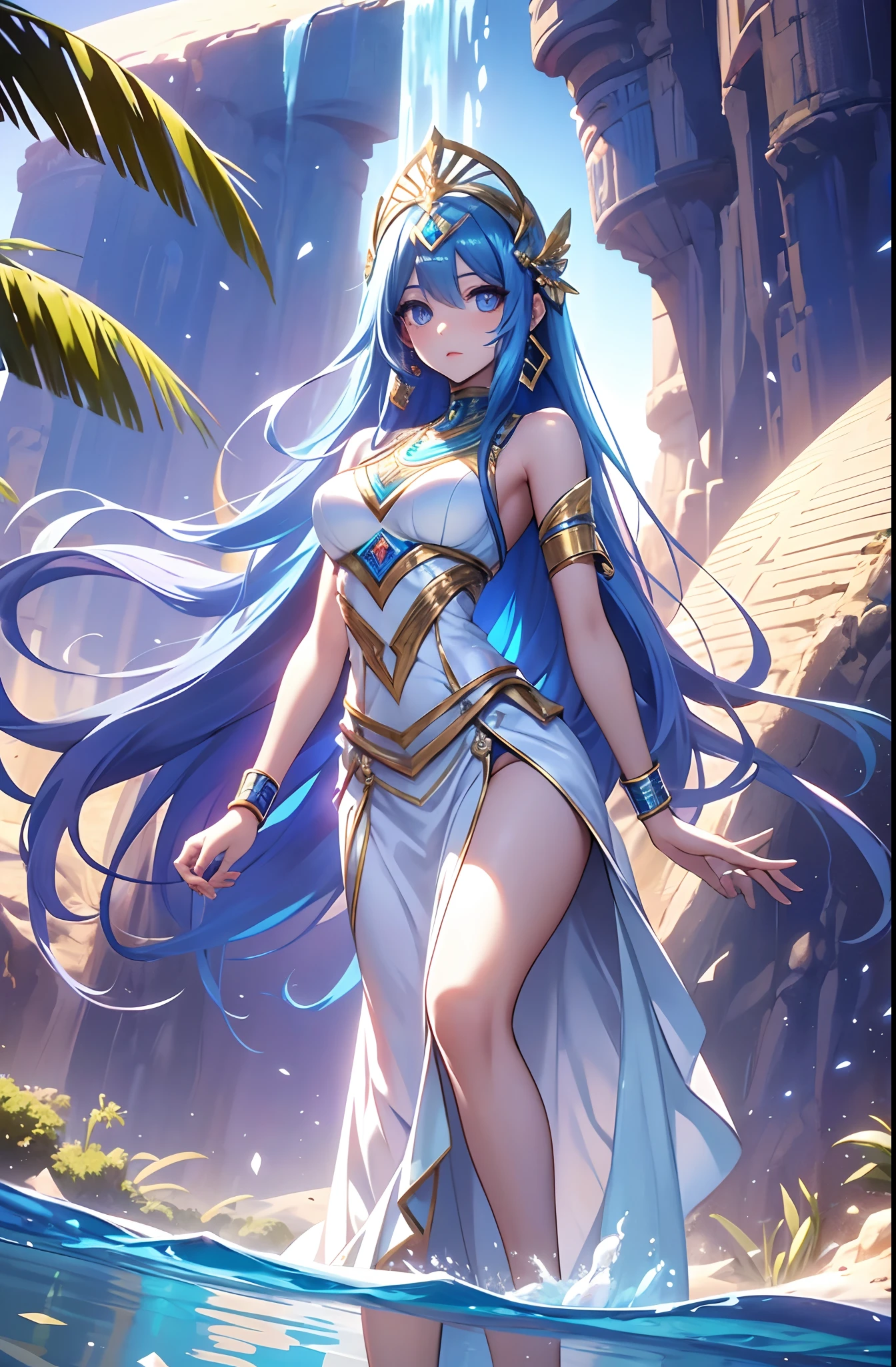 best qualityer,tmasterpiece,Ultimate resolution,downy,Extremely colorful,Colorful,Oasis background,Ancient Egyptian woman,Long azure hair,a matural female,Long white dress in Egyptian style,a white long skirt,Treading water,Desert oasis,Nile River,Normal posture