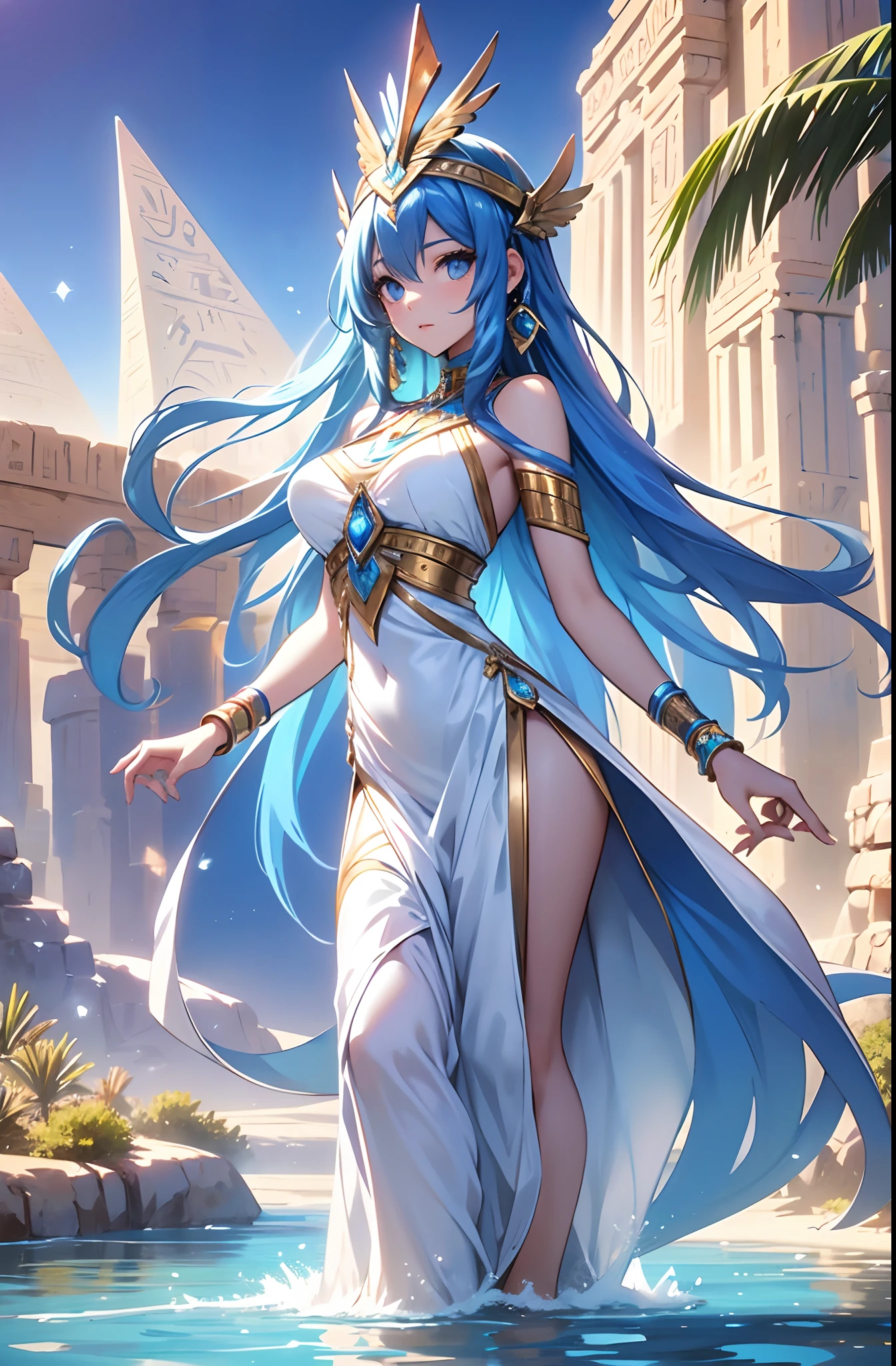 best qualityer,tmasterpiece,Ultimate resolution,downy,Extremely colorful,Colorful,Oasis background,Ancient Egyptian woman,Long azure hair,a matural female,Long white dress in Egyptian style,a white long skirt,Treading water,Desert oasis,Nile River,Normal posture