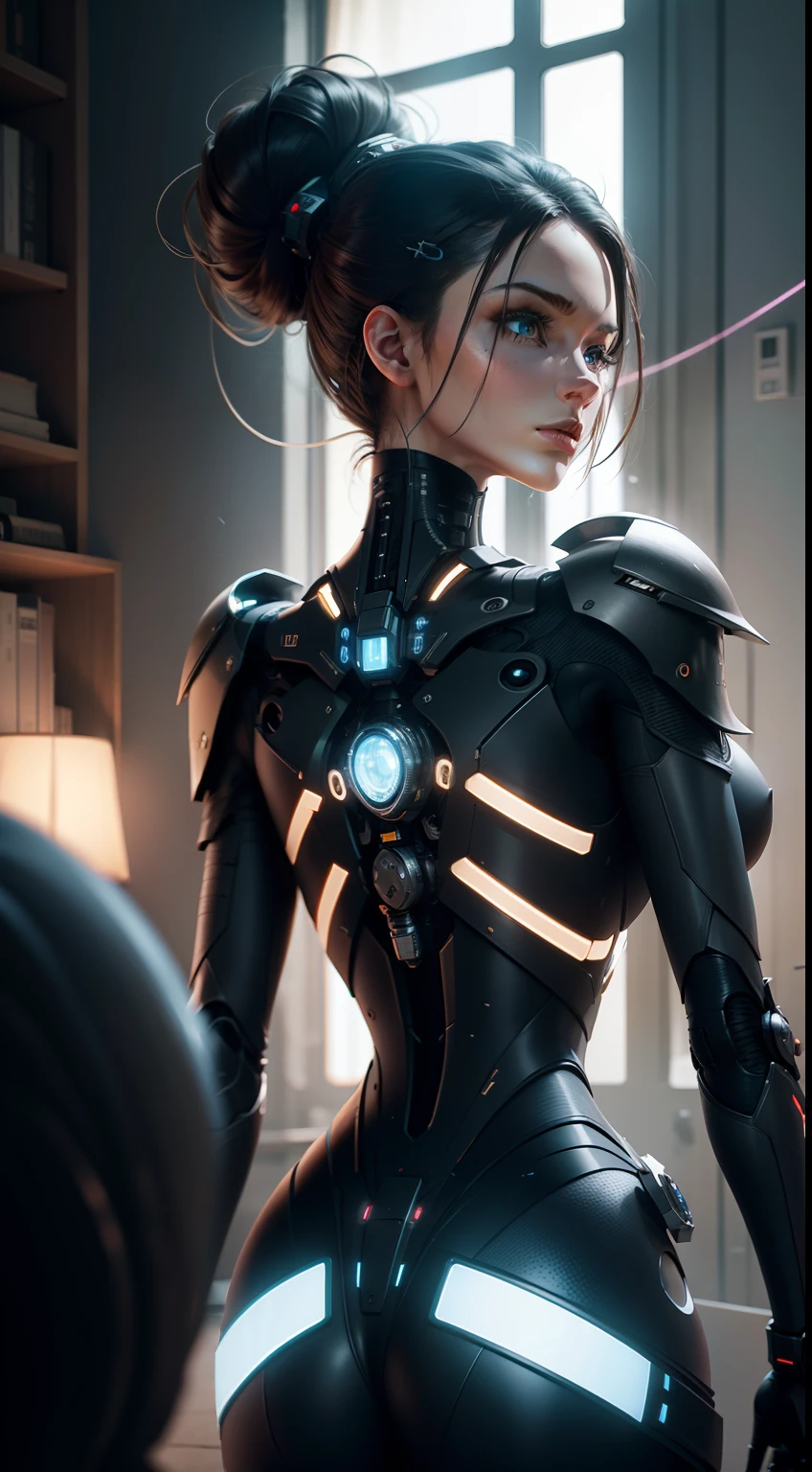 Complex 3d rendering of beautiful porcelain silhouette of a woman and a woman，cyborg people，cyborg robot parts，Edge lights，cyber punk perssonage，ultra-realistic realism，parfect ???????，face muscles，Cable Electrical Wire，micro Chip，ellegance，beatiful background，iintricate，ultra - detailed，the rule of thirds，profesional lighting，unreal-engine，fanciful，concept-art，Sharp focus，illustratio，8K