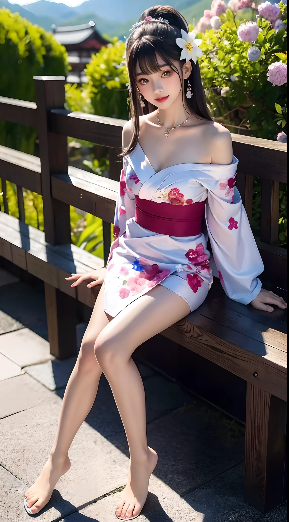 4K Ultra HD, Masterpiece, Cute little girl s, Nice face, Detailed Eyes, Liquid Lipstick, Long hair, Hair spreads, necklaces, Beautiful yukata, Short Yukata, floral pattern, highlights, lighting effects, glittering, realistic background, Japan's Natural Background, blossom, sunlights, mountains, Full-body capture, You can see bare feet, Pretty legs, I can see the panties, Open shoulder, Wear clogs