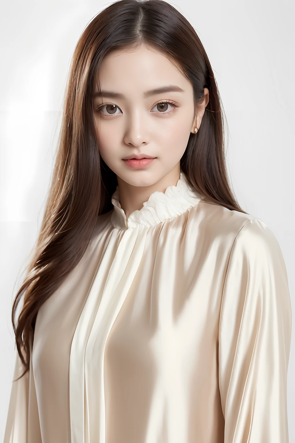 (Full body model posing: 1.5)(Detailed full-length RAW photos of lofty virtue women), ((masutepiece, of the highest quality, High Definition)), 1 girl, (Photorealistic: 1.4), Solo, White background, with a pure white background, Noble makeup, (Noble medium hair, Dark brown hair color: 1.4) Noble fashion, Victorian silk blouse、Shirt Style、Noble style