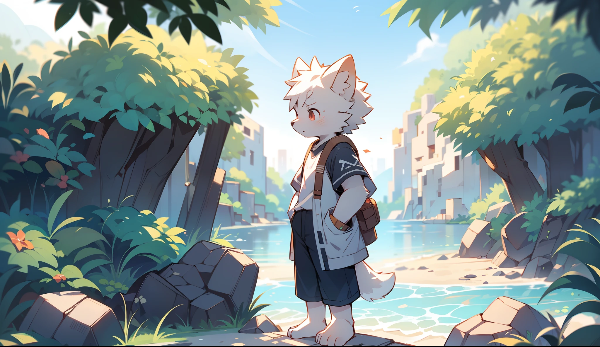 author：Jrjresq, author：Kirito,Libido boy，furry wolf，((Shota)), Black and white hair, Very good figure, Handsome，adolable, Light：Hazy light and shadow, Reflective skin,Reddish skin，((worn-out clothing，Commoner)) ，((beachside，standing on the rock，islands，独奏，solo person))，Outdoor sunset，((the detail))，（depth of fields），standing on your feet