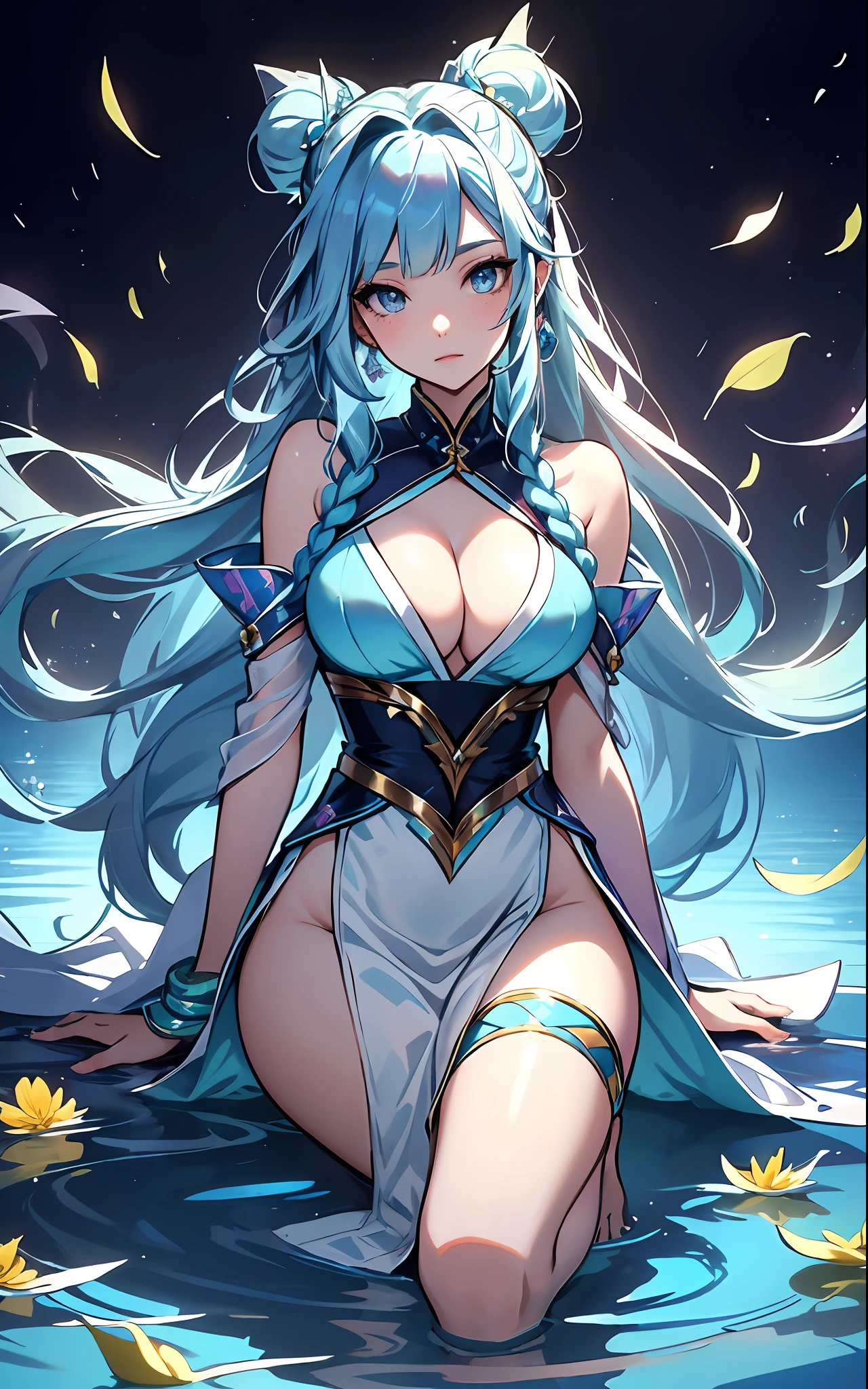best qualityer,tmasterpiece,Ultimate resolution,downy,Extremely colorful,Colorful,water background,(Lake surface),Dancer,White kimono long dress,huge tit,hair-bun,Fine braids,(Long aqua blue hair),Blue lip gloss,a matural female,(The barefoot),Kneeling pose,daffodil,Normal posture