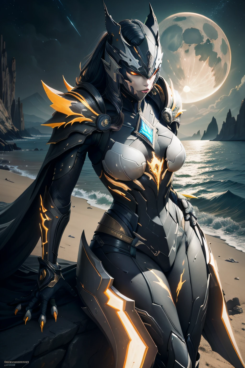 8K, realism style, ultra resolution, Gauss warframe body, berserk body, yellow lines on hands, toothy jaw, claws, yellow white coloring, lighting eyes, day, sit near sea, heavy armor, enchanted fantastic mask, pointed shoulders, berserk aura, looking at the moon, holds in hand draedon heart, lightning stars on the sky