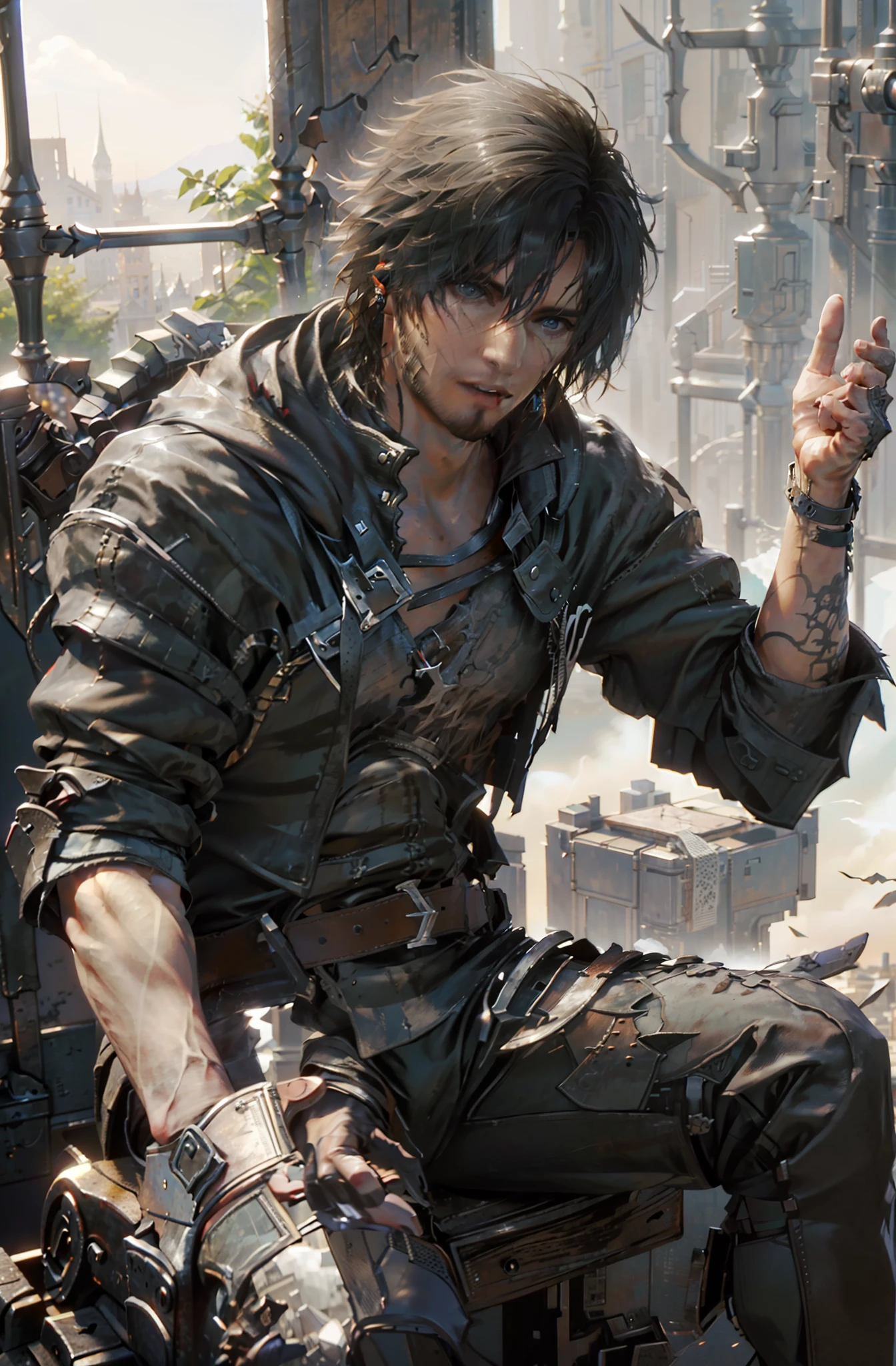 (absurdos, Altas Resoluciones, Ultra detallado, HDR), Obra maestra, La mejor calidad, final fantasy xvi, clive rosfield, 1hombre solamente, guapo, pelo corto, cabello negro, Ojos azules vibrantes, ojos finos y cara detalladas, Armadura, ((Arma intrincada)), Sentado en el trono, piernas abiertas, sonrisa afectada, molesto.