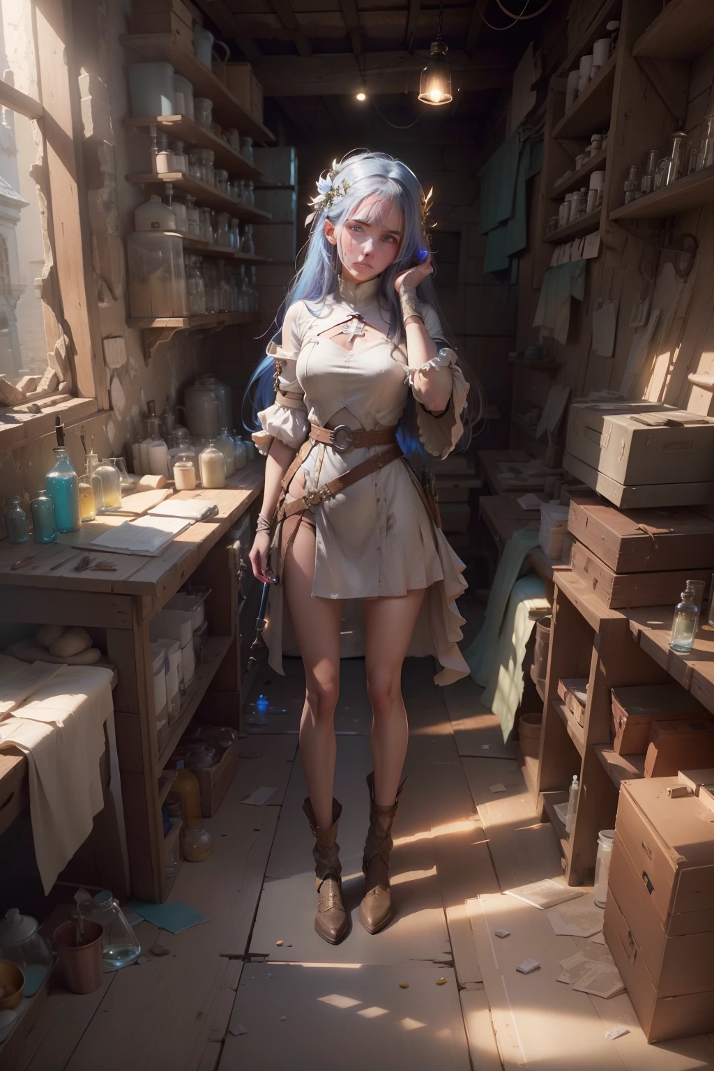 by Greg Rutkowski, model shoot style, (extremely detailed CG unity 8k wallpaper), an loving beautiful saint is doing chemical experiments in an old abandoned medieval hut with grace and a lot of alchemical test tubes, light fantasy style, masterpiece, highest quality, lens flare, shade, bloom, [[chromatic aberration]], digital painting ,ultra-detailed , sharp focus, vivid colors
