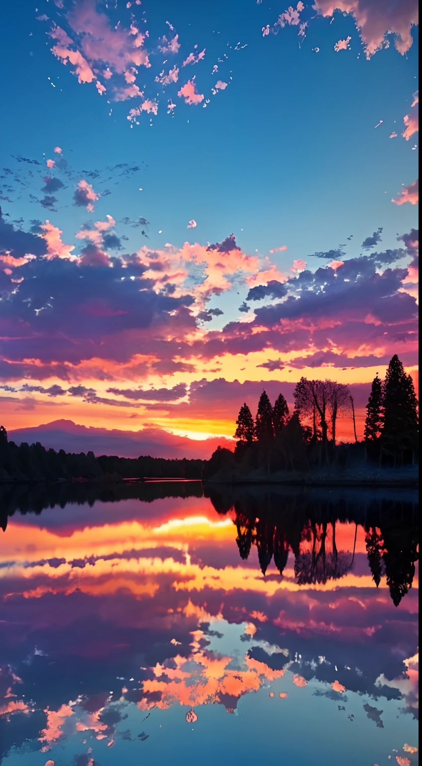 there is a beautiful sunset with a lake and trees in the background, colorful skies, surreal colors, colorful sunset, colorful sky, marvellous reflection of the sky, stunning sky, dream like atmosphere 8k, colorful clouds, colors reflecting on lake, surreal sky, red and blue reflections, fire reflection, beautiful sky, beautiful and spectacular dusk, beautiful dreamy landscape, amazing sky