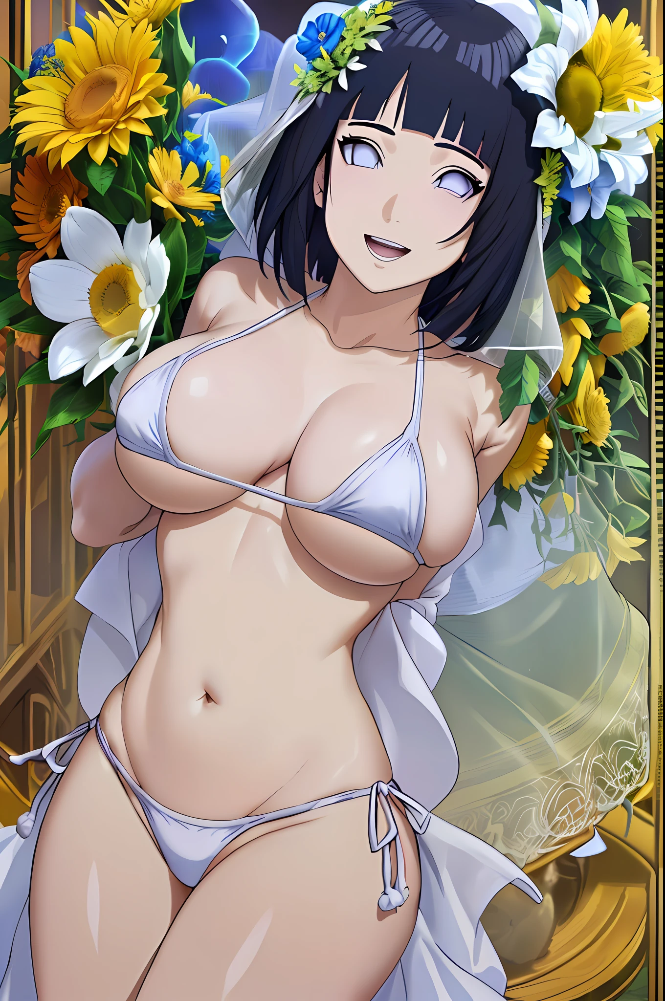 (WALLPAPER, masterpiece, 1k, anime style:1.9, ( detailed beach background, looking at viewer, big breasts, big boobs, open mouth, high color saturation, bold lines, bold drawing lines, (strong arms, flat belly, groin, hands behind back, carry flower bouquet), detailed bold arm lines), (strong arms), strong light on body, plain, bare body, (large breasts, perky boobs), minimum clothing, taking off shirt, bare shoulders, off-shoulders, bare chest, polished nails, seductive, (very tight plain white micro bikini, wedding veil, white flower wedding crown), no shirt, showing off), hinata\(boruto\), mature female, sunbathing, milf, (curvy:0.8), solo, (short hair, hime cut), (dark blue hair color:1.1), white, flat belly, perfect eyes, white sciera, white eyes, anime eyes, smoky eyeliner, eyeshadow, perfect face, shy, sharp focus, professional artwork, intricate details, colorful, vibrant colors, vivid colors, digital blending, ultra detailed body, ultra detail hair, ultra detail face, trending on pixiv, smile, happy, very hot colors, sunny day, outdoor,