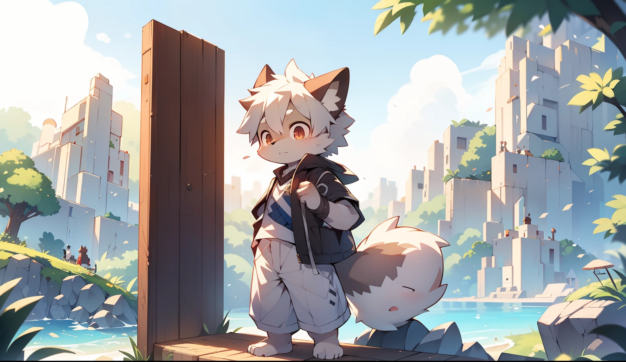 author:Jrjresq, author:Kirito,Libido boy,furry wolf,((Shota)), Black and white hair, Very good figure, Handsome,adolable, Light:Hazy light and shadow, Reflective skin,Reddish skin,((worn-out clothing,Commoner)) ,((beachside,standing on the rock,islands,独奏,solo person)),Outdoor sunset,((the detail)),(depth of fields),standing on your feet