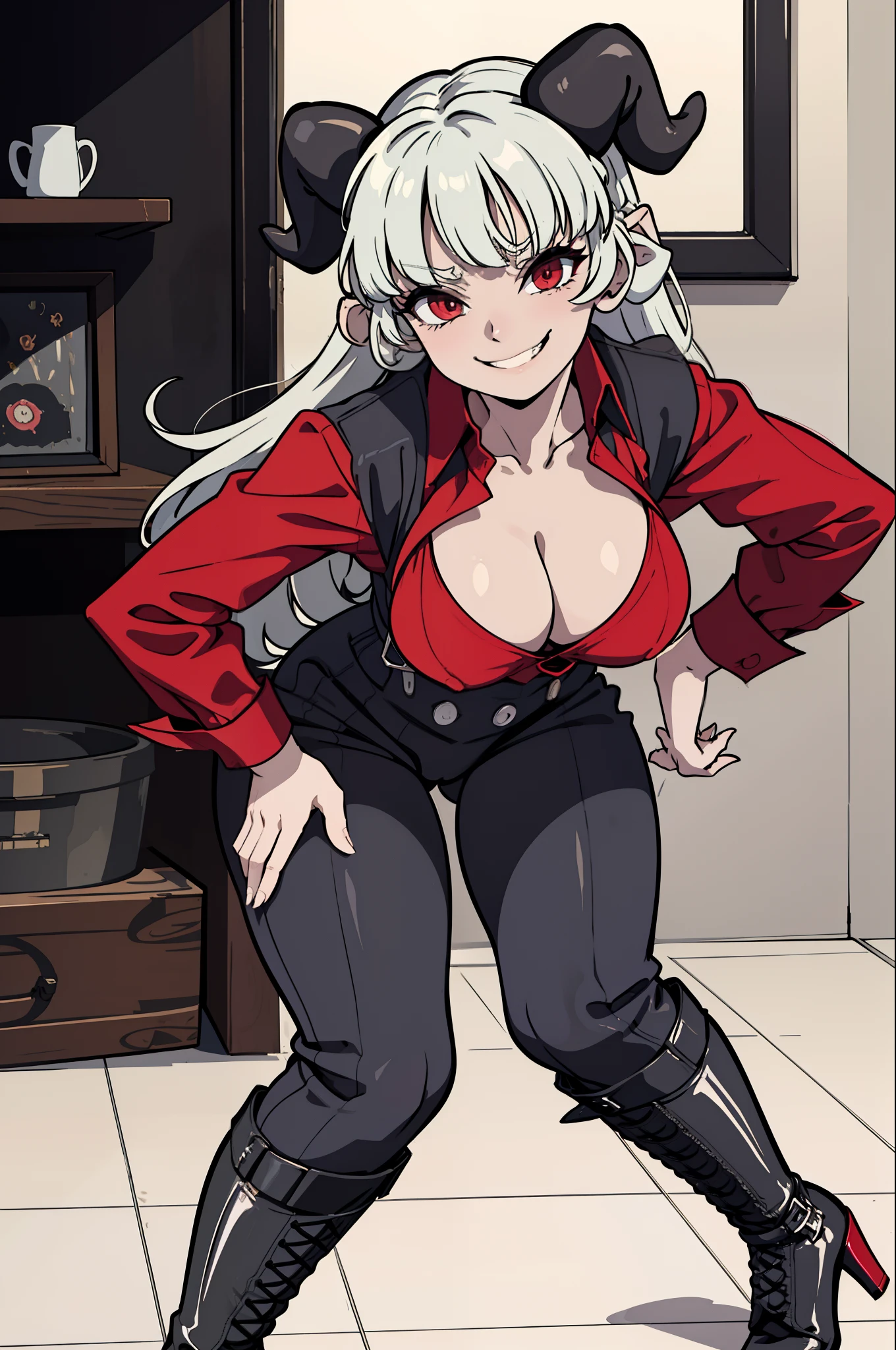 masterpiece, best quality, baphomet, red shirt, suspenders, cleavage, black pants, high heel boots, leaning forward, holding breasts, smile, smug, apartment building