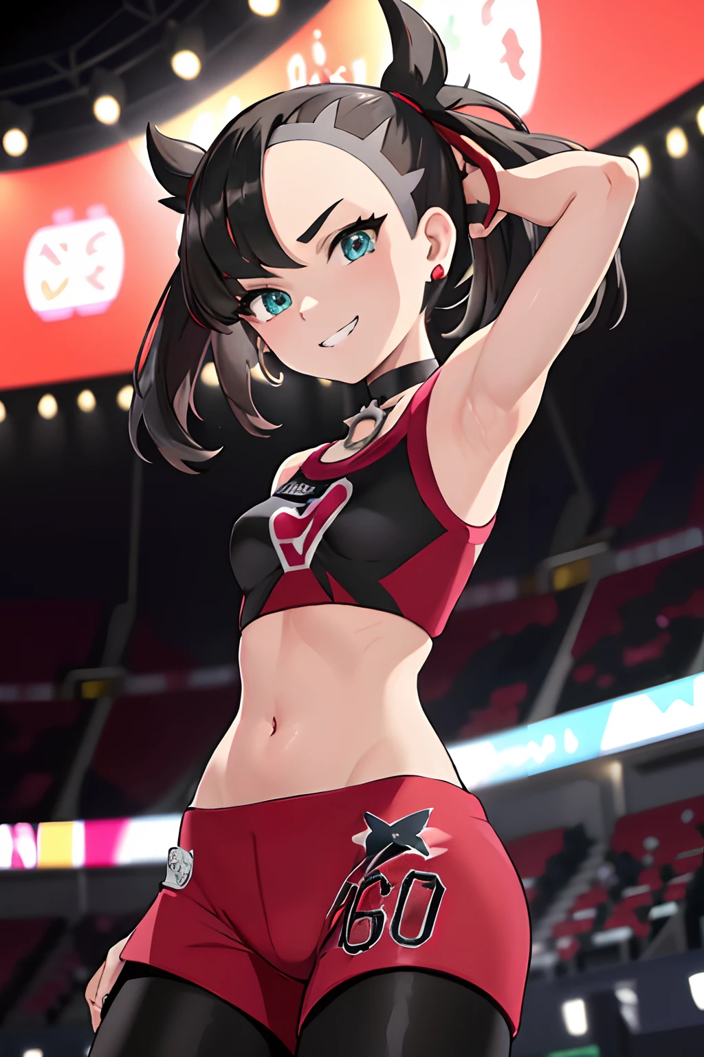 masterpiece, best quality, highres, hmmarnie, aqua eyes, black choker, red ribbon, sexy, armpits, earrings, jewelry, midriff, sports bra, bare shoulders, pants, leggings, standing, cowboy shot, stadium, holding poke ball, poke ball \(basic\), evil grin,