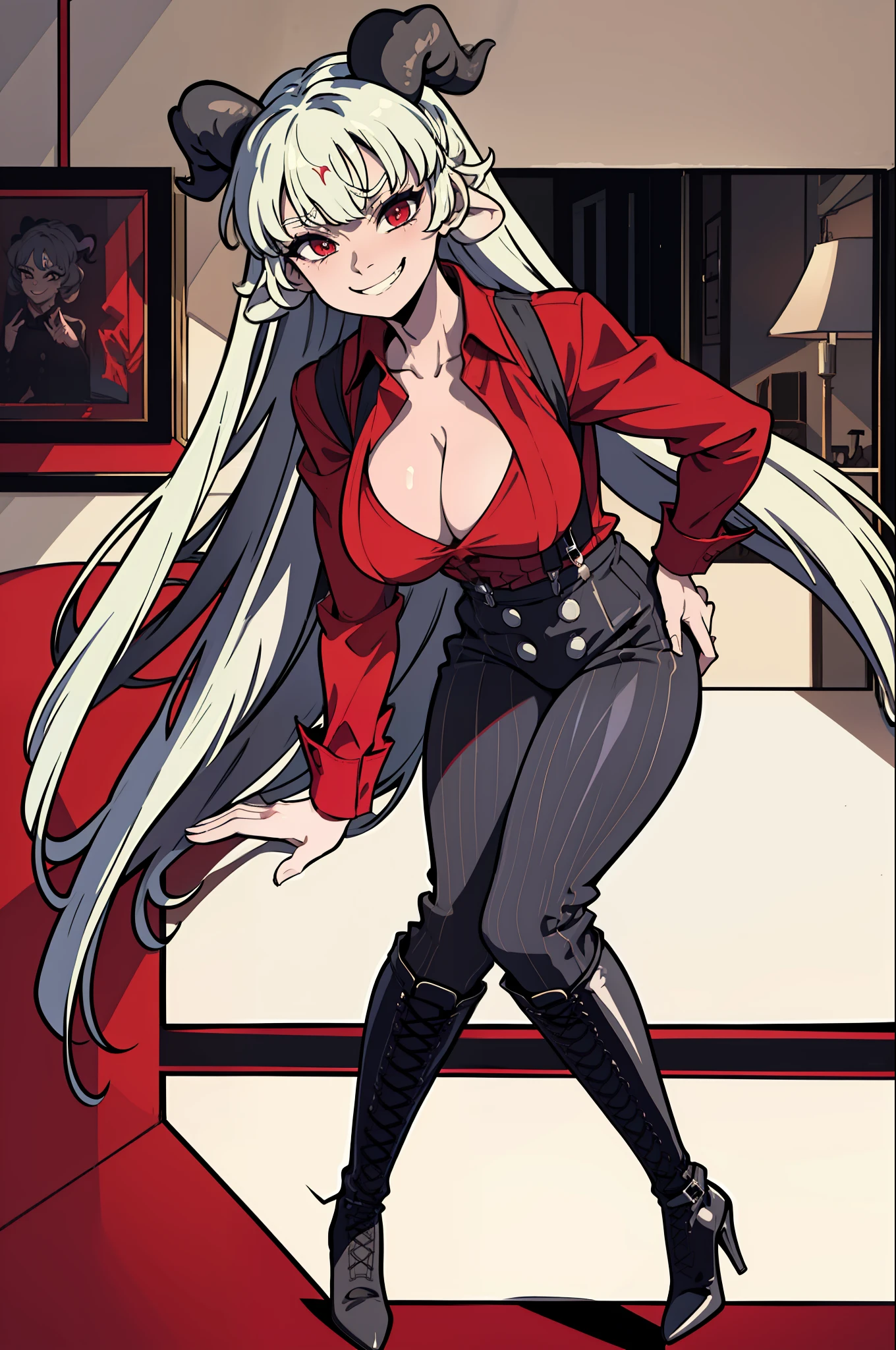 masterpiece, best quality, baphomet, red shirt, suspenders, cleavage, black pants, high heel boots, leaning forward, holding breasts, smile, smug, apartment building