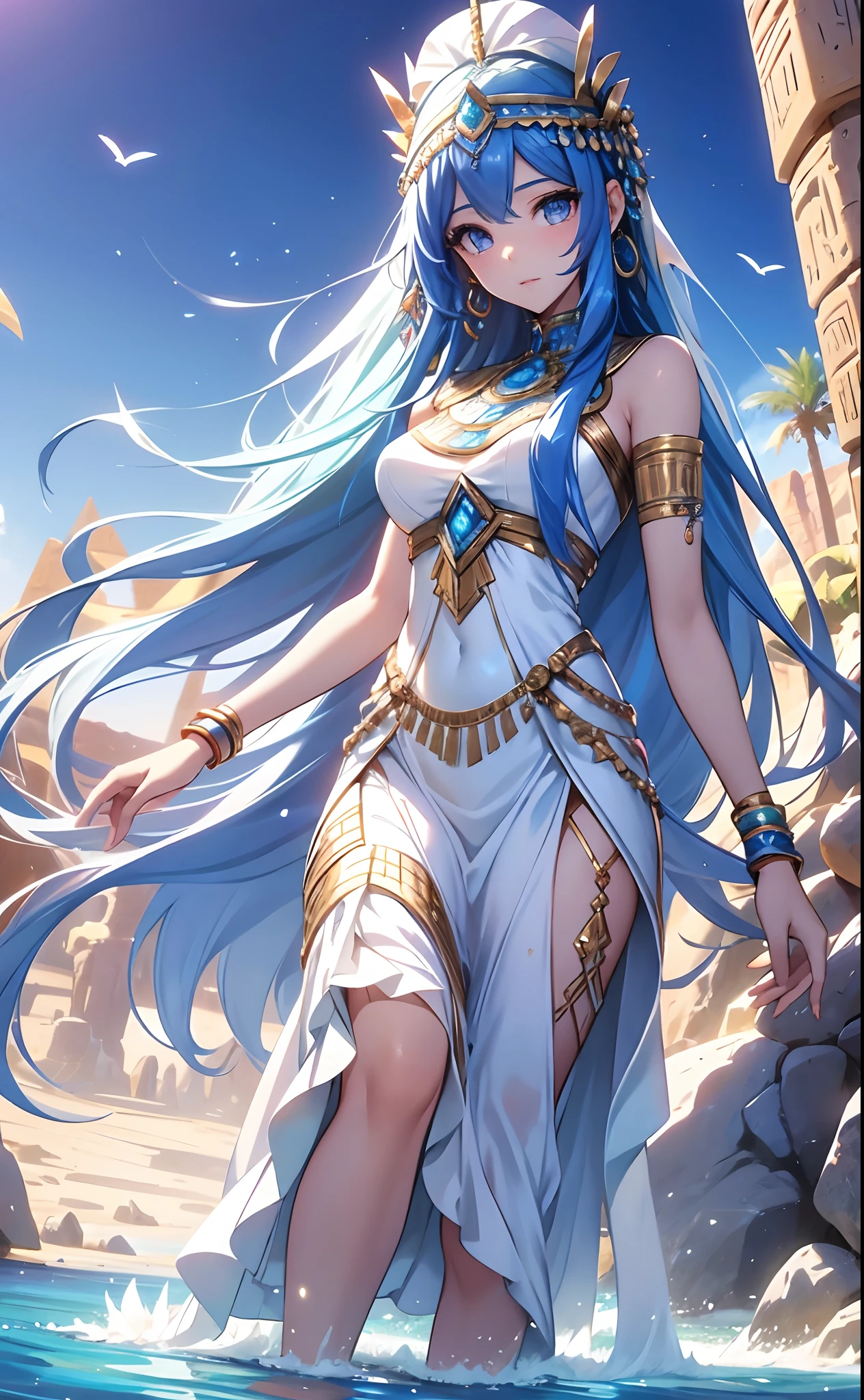 best qualityer，tmasterpiece，Ultimate resolution，downy，Extremely colorful，Colorful，Oasis background，Ancient Egyptian woman，Long azure hair，a matural female，Long white dress in Egyptian style，a white long skirt，Treading water，Desert oasis，Nile River，Normal posture
